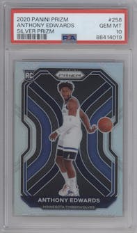Anthony Edwards from the 2020-21 Panini Prizm set featuring a Silver Prizm parallel graded by PSA and given an overall grade of 10.