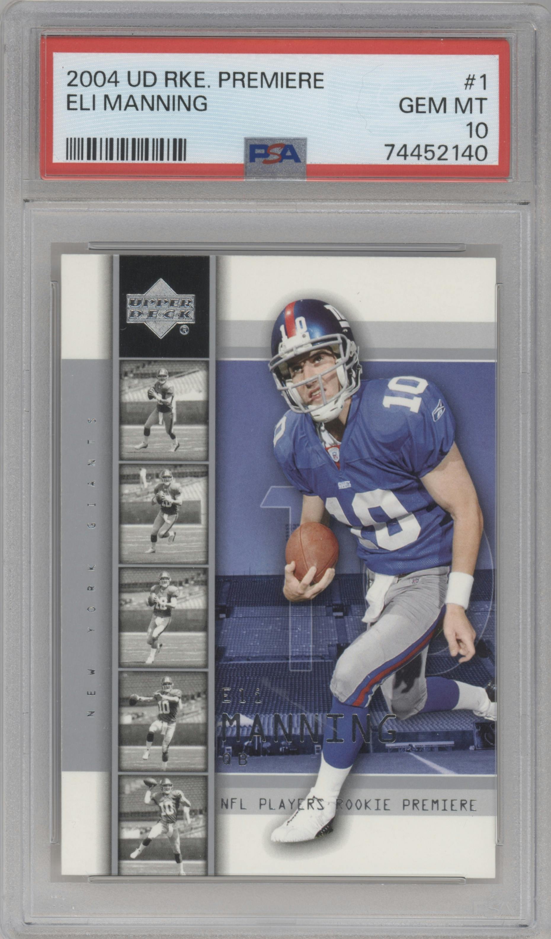 Eli Manning from the 2004 Upper Deck Rookie Premiere set graded by PSA and given an overall grade of 10.