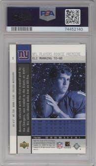 Eli Manning from the 2004 Upper Deck Rookie Premiere set graded by PSA and given an overall grade of 10.