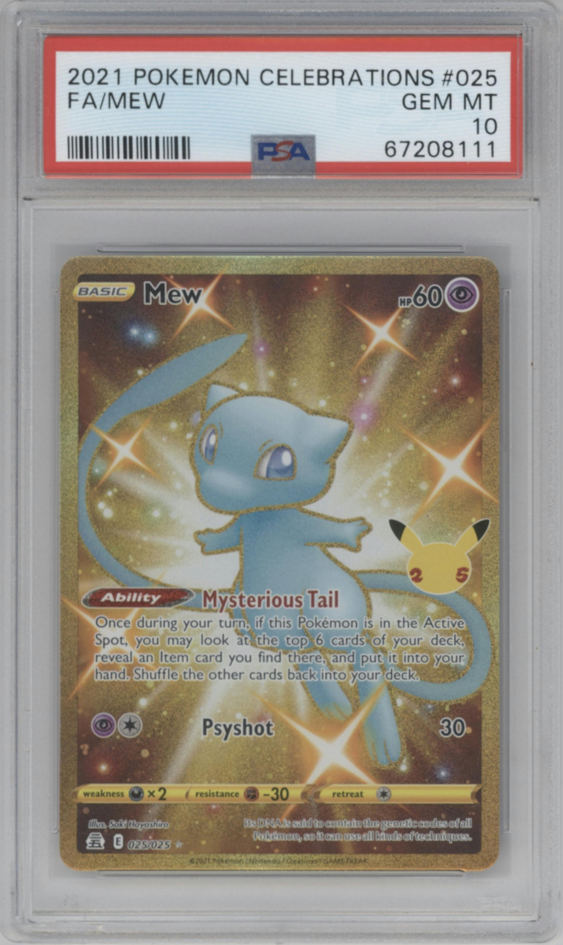 Mew from the 2021 Pokemon SWSH set graded by PSA and given an overall grade of 10.