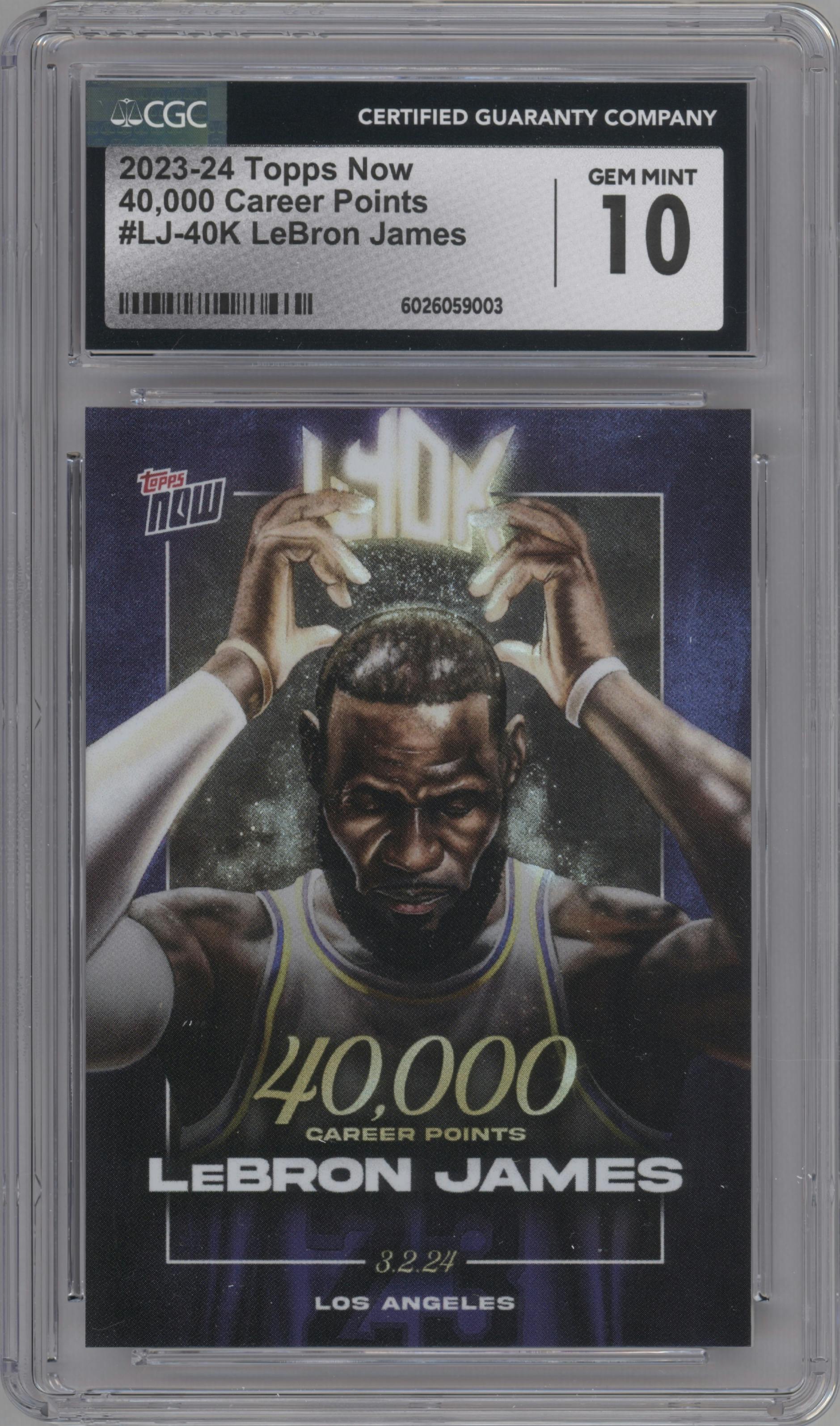 LeBron James from the 2023-24 Topps Now set graded by CSG and given an overall grade of 10.