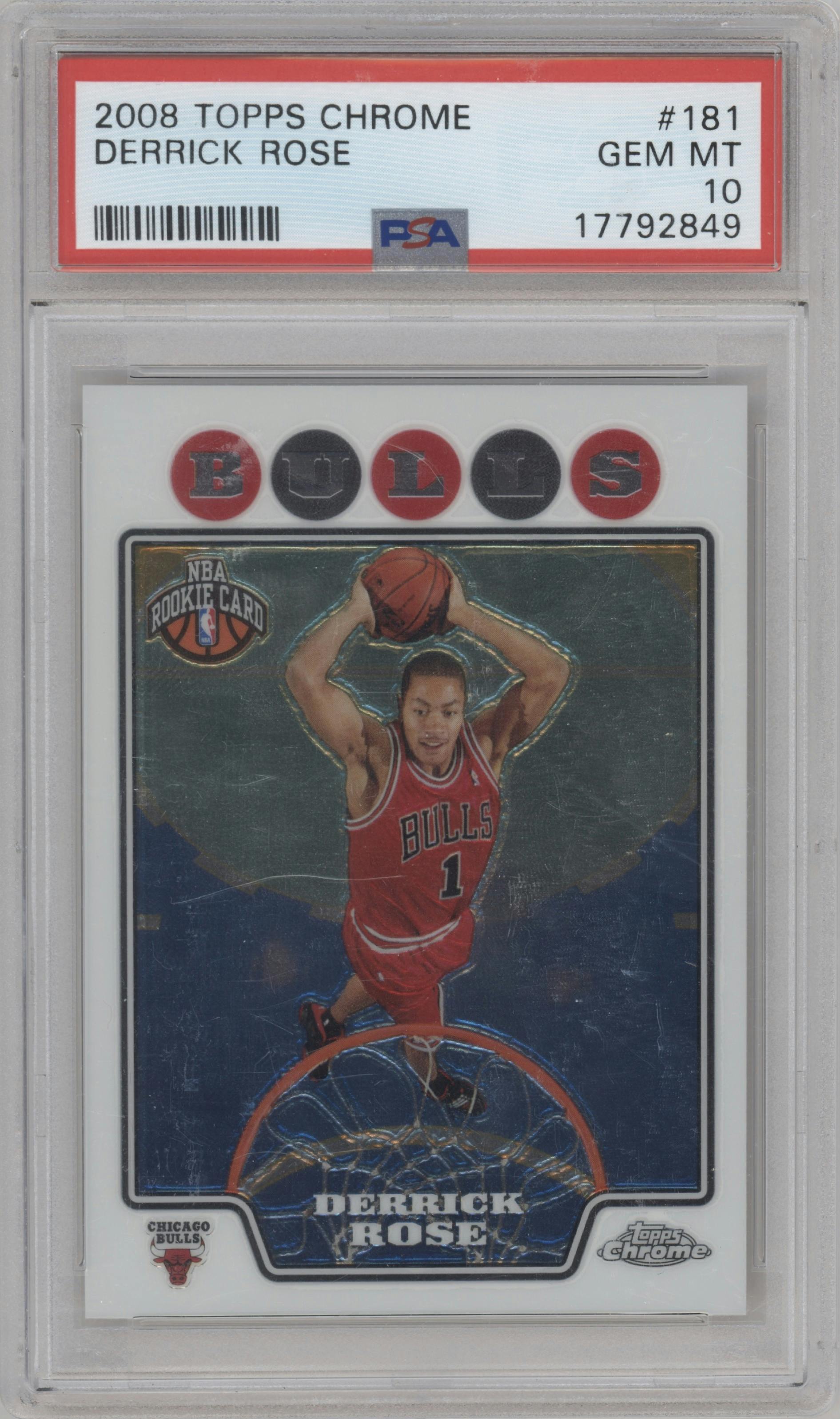 Derrick Rose from the 2008-09 Topps Chrome  set graded by PSA and given an overall grade of 10.