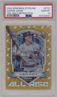 Aaron Judge from the 2024 Bowman Sterling set featuring a Gold Refractor parallel graded by PSA and given an overall grade of 10.