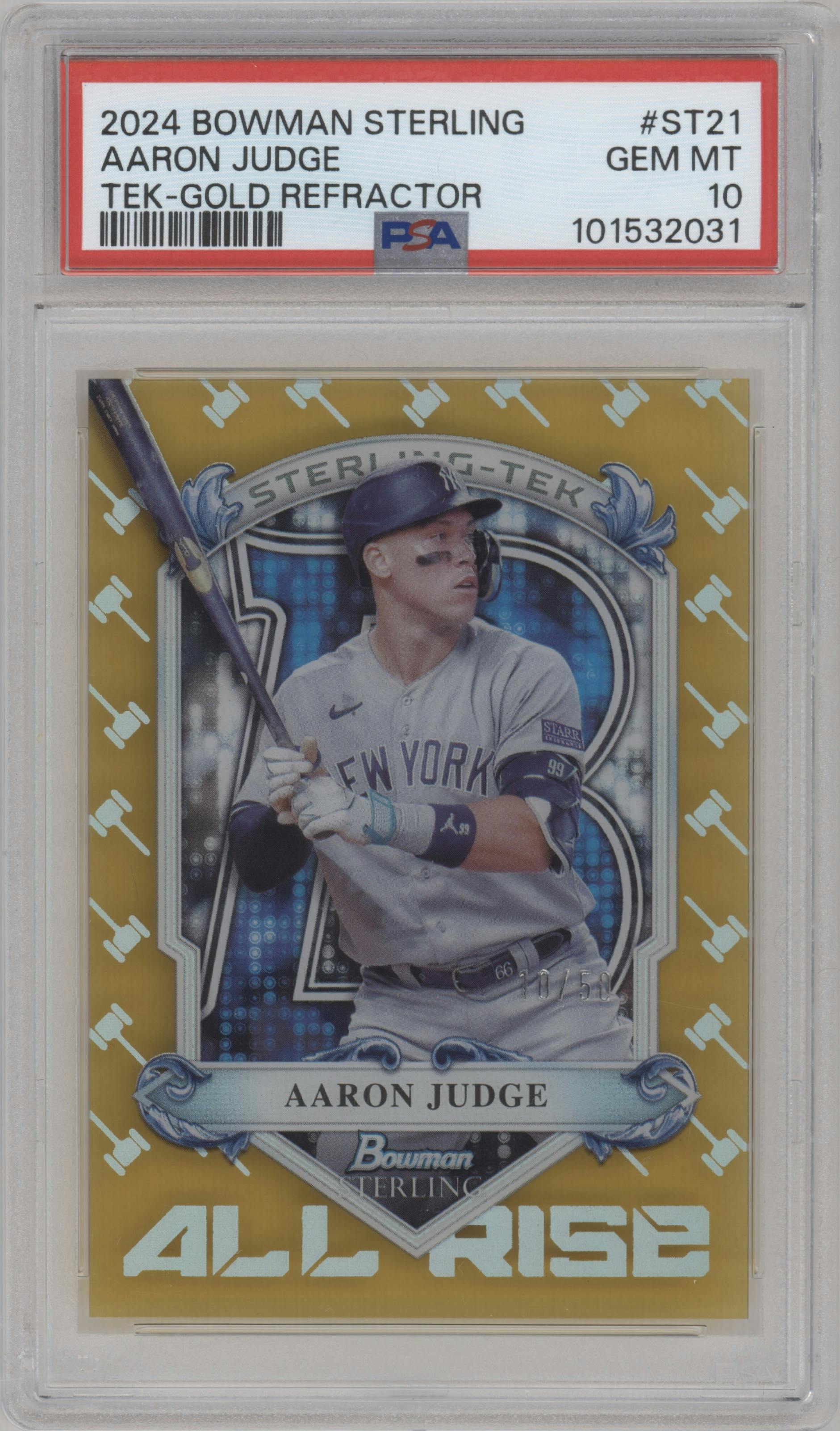 Aaron Judge from the 2024 Bowman Sterling set featuring a Gold Refractor parallel graded by PSA and given an overall grade of 10.