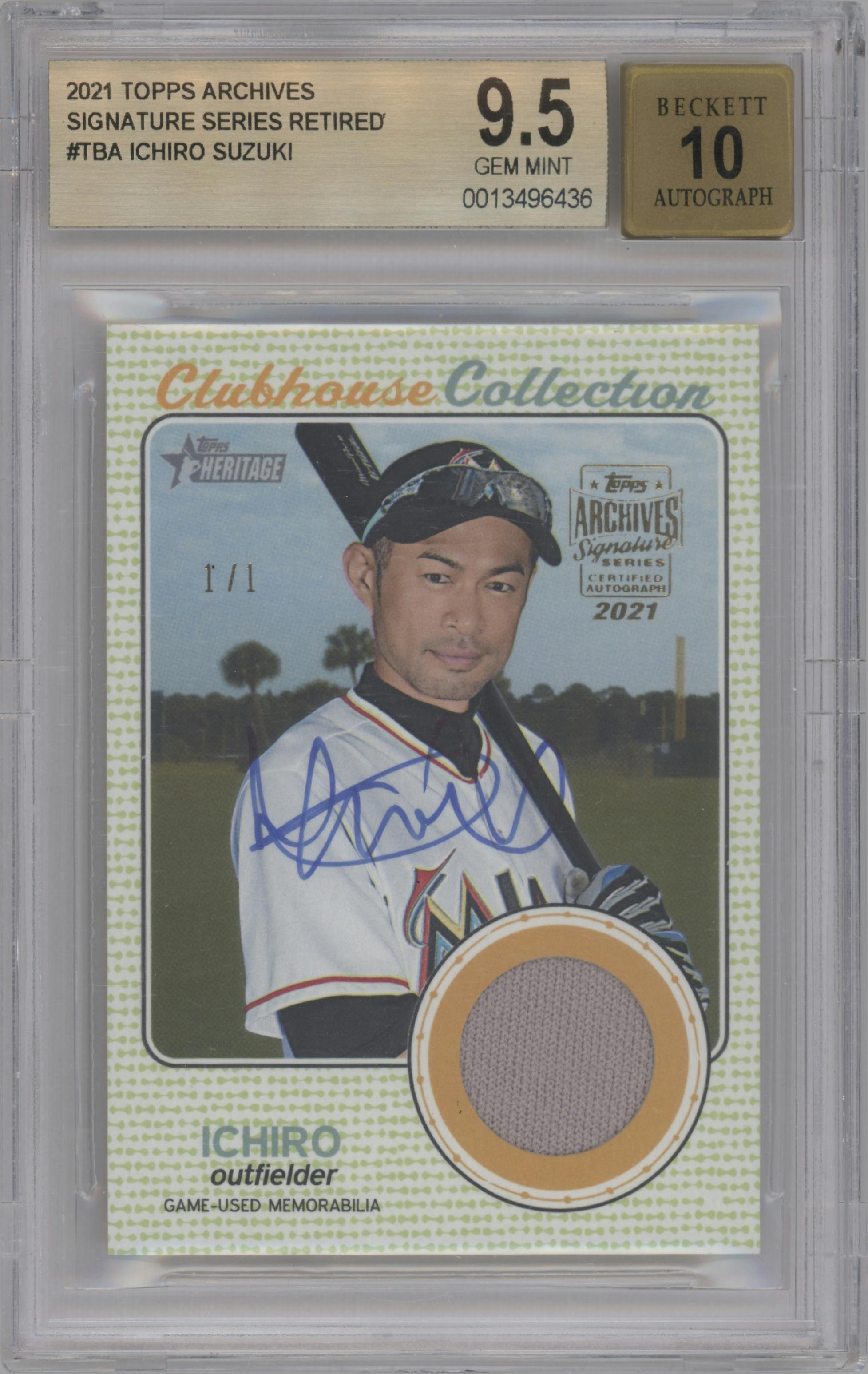 Ichiro Suzuki from the 2021 Topps Archives Signature Series Retired Player Edition set graded by Beckett and given an overall grade of 9.5.