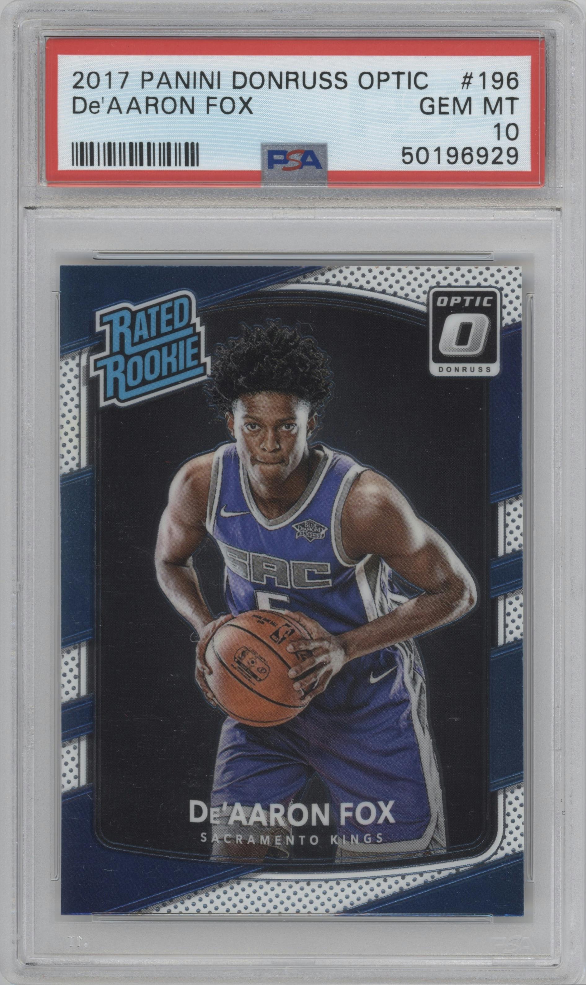 De'Aaron Fox from the 2017-18 Panini Donruss Optic set graded by PSA and given an overall grade of 10.