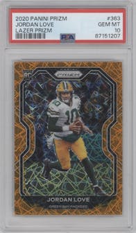 Jordan Love from the 2020 Panini Prizm set featuring a Lazer parallel graded by PSA and given an overall grade of 10.