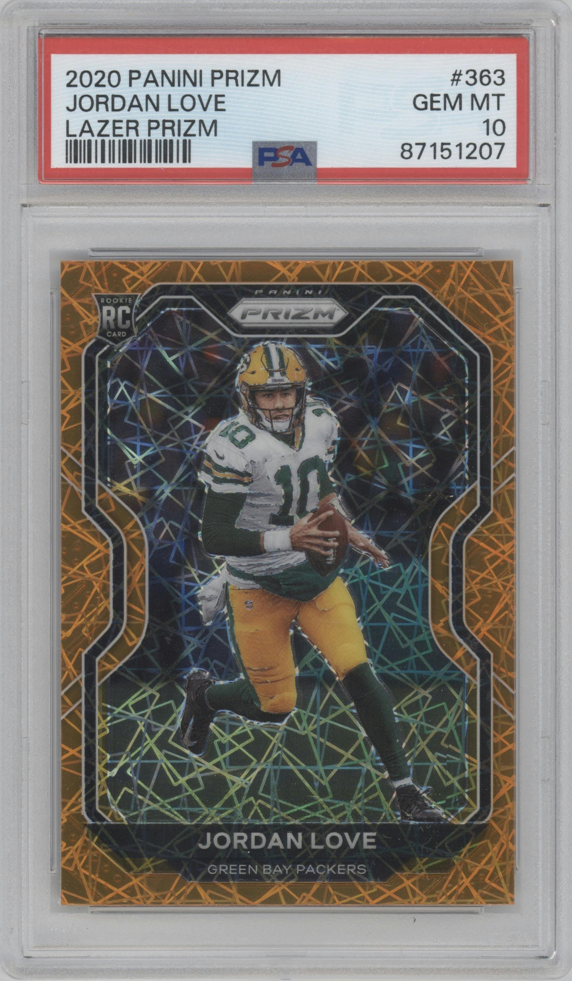 Jordan Love from the 2020 Panini Prizm set featuring a Lazer parallel graded by PSA and given an overall grade of 10.