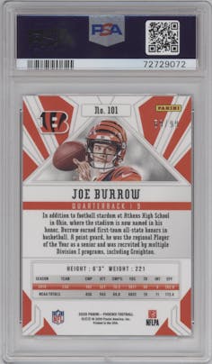 Joe Burrow from the 2020 Panini Phoenix set featuring a Orange parallel graded by PSA and given an overall grade of 9.