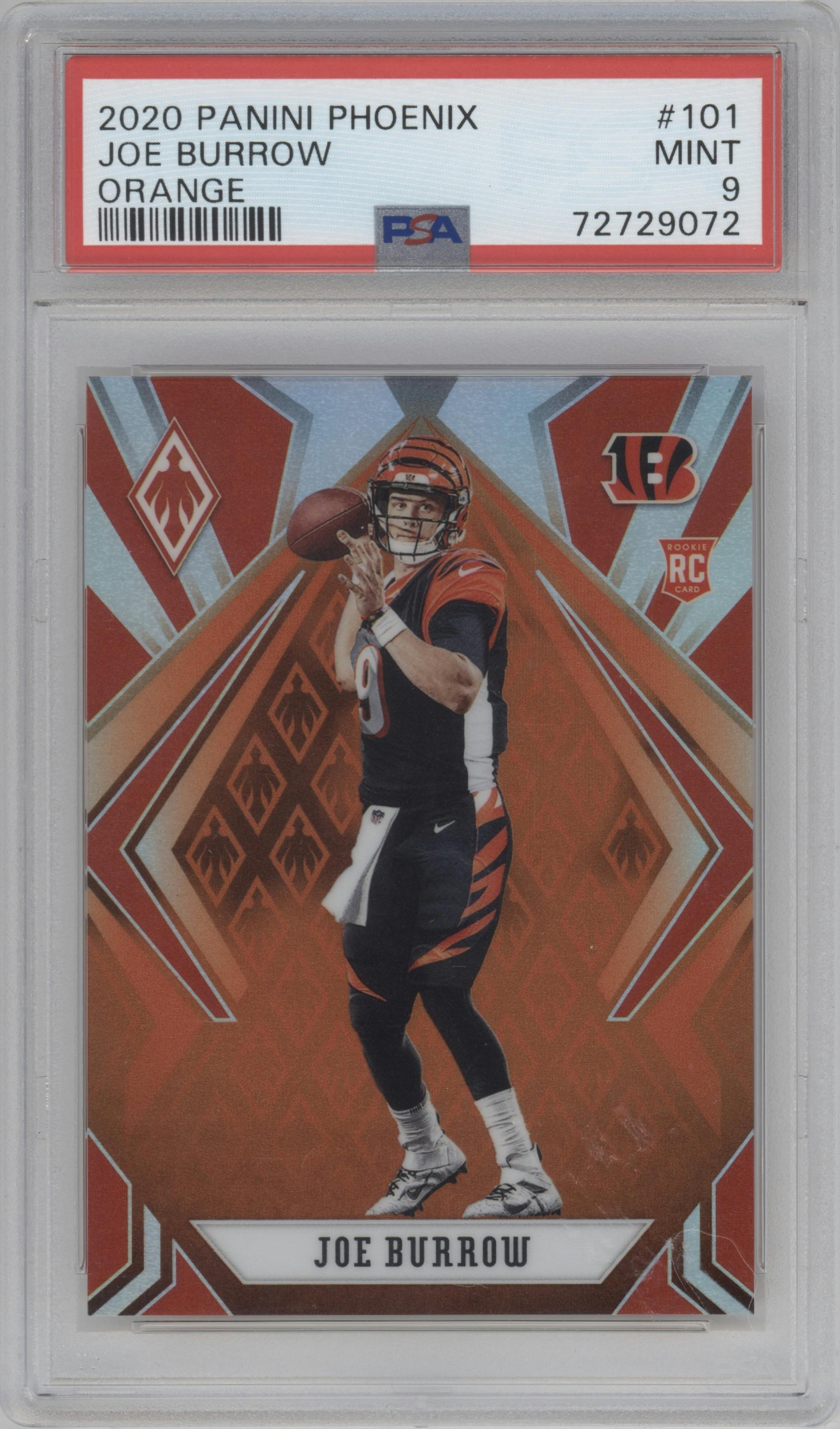 Joe Burrow from the 2020 Panini Phoenix set featuring a Orange parallel graded by PSA and given an overall grade of 9.