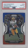 Jordan Love from the 2020 Panini Prizm set featuring a Red/White/Blue Prizm parallel graded by PSA and given an overall grade of 10.