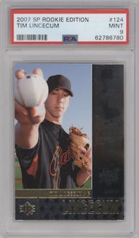 Tim Lincecum from the 2007 Upper Deck SP Rookie Edition set graded by PSA and given an overall grade of 9.