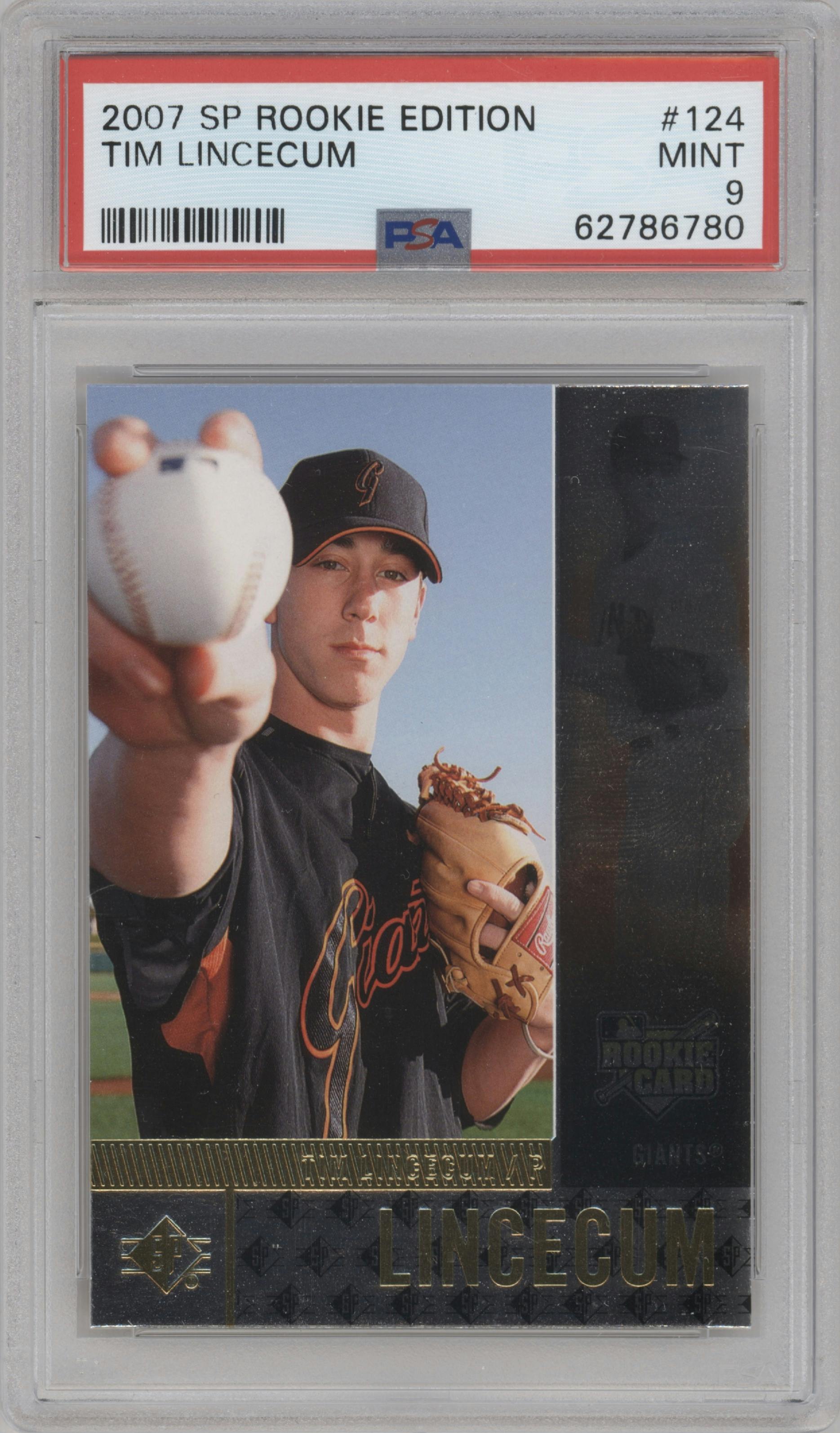Tim Lincecum from the 2007 Upper Deck SP Rookie Edition set graded by PSA and given an overall grade of 9.