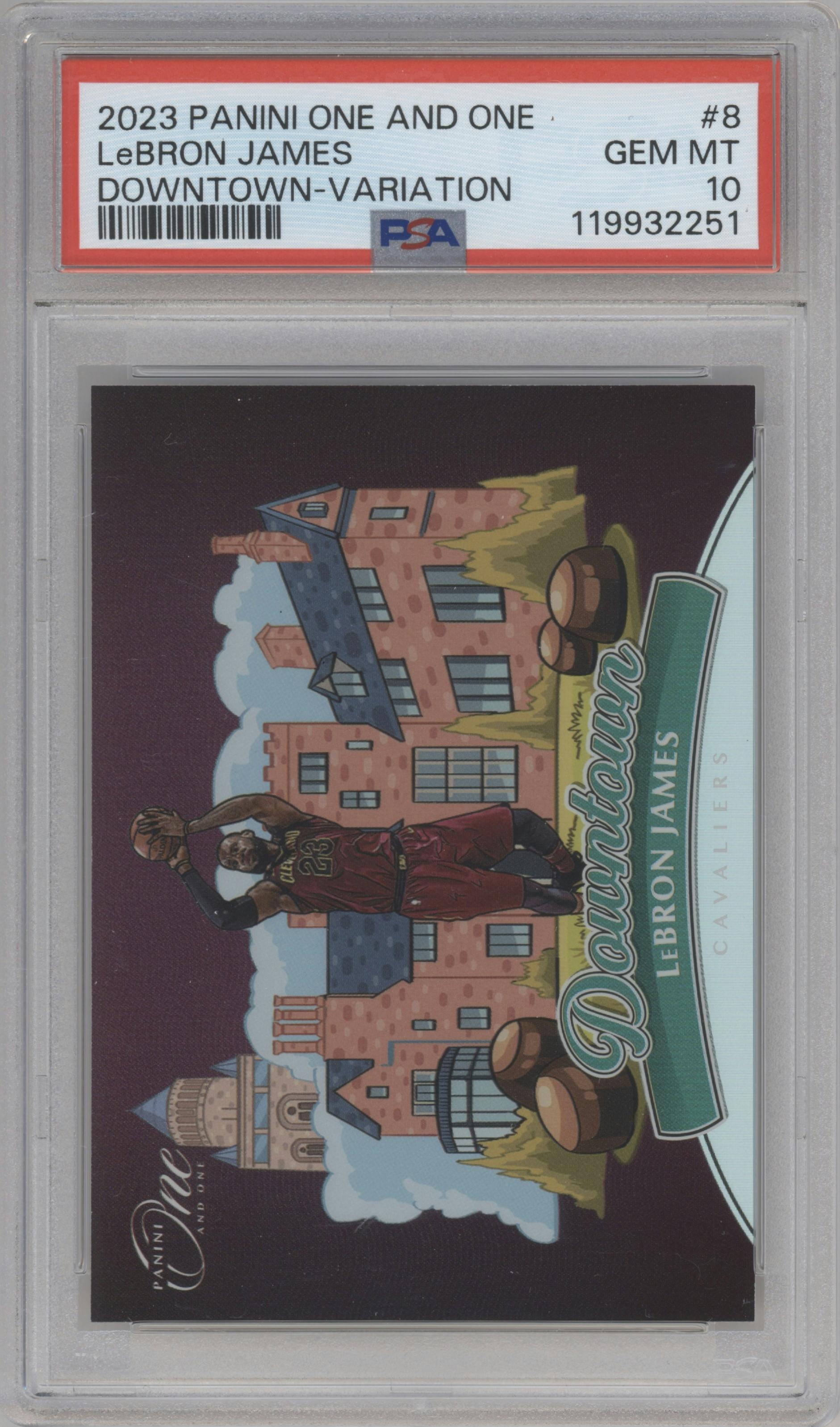 LeBron James from the 2023-24 Panini One and One set graded by PSA and given an overall grade of 10.