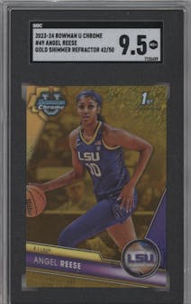 Angel Reese from the 2023-24 Bowman U Chrome set featuring a Gold Shimmer Refractor parallel graded by SGC and given an overall grade of 9.5.