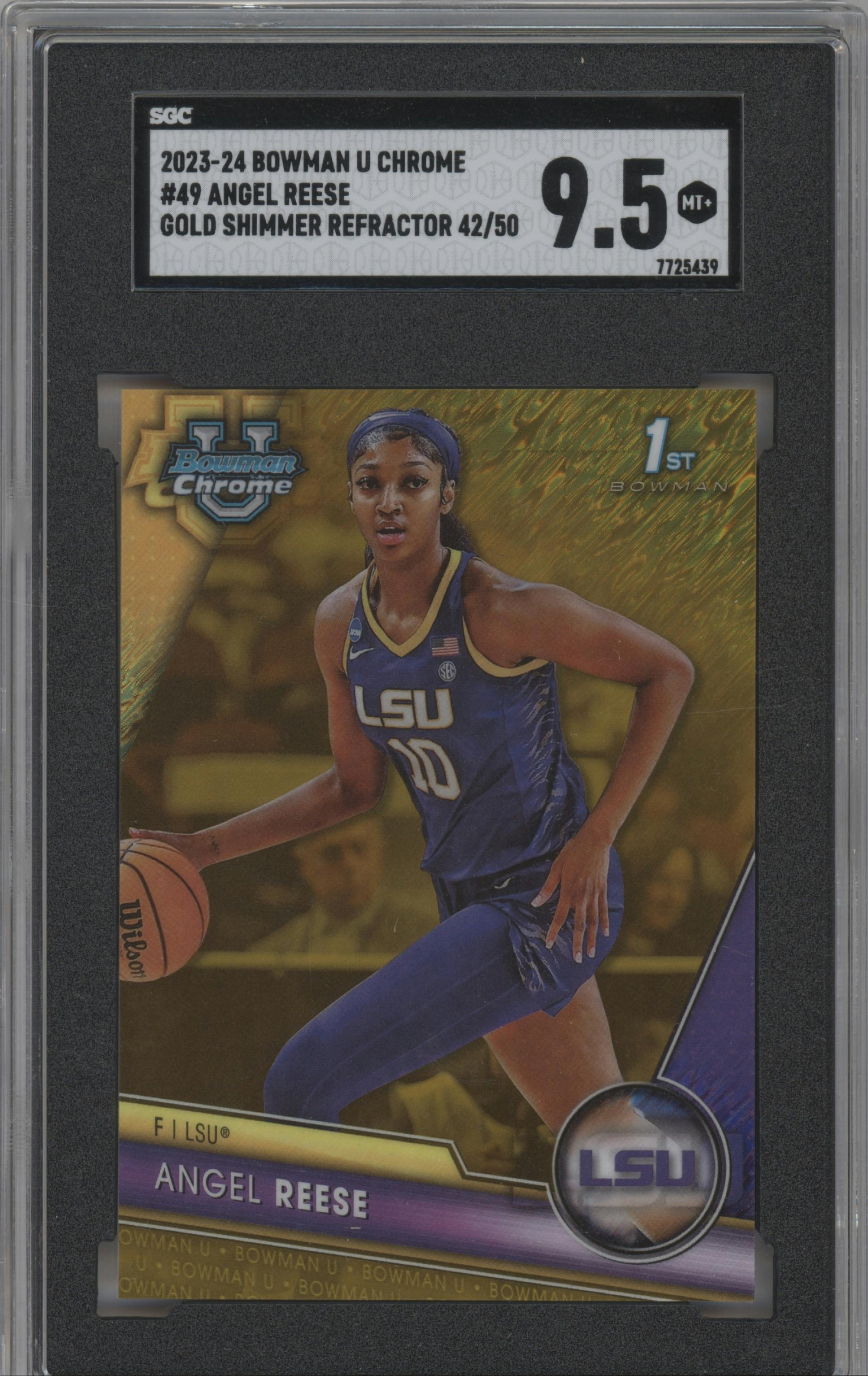 Angel Reese from the 2023-24 Bowman U Chrome set featuring a Gold Shimmer Refractor parallel graded by SGC and given an overall grade of 9.5.