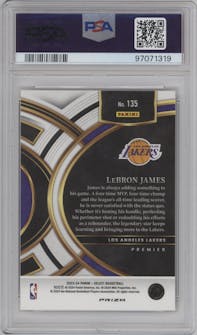 LeBron James from the 2023-24 Panini Select  set featuring a Gold Glitter parallel graded by PSA and given an overall grade of 10.