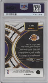 LeBron James from the 2023-24 Panini Select  set featuring a Gold Glitter parallel graded by PSA and given an overall grade of 10.