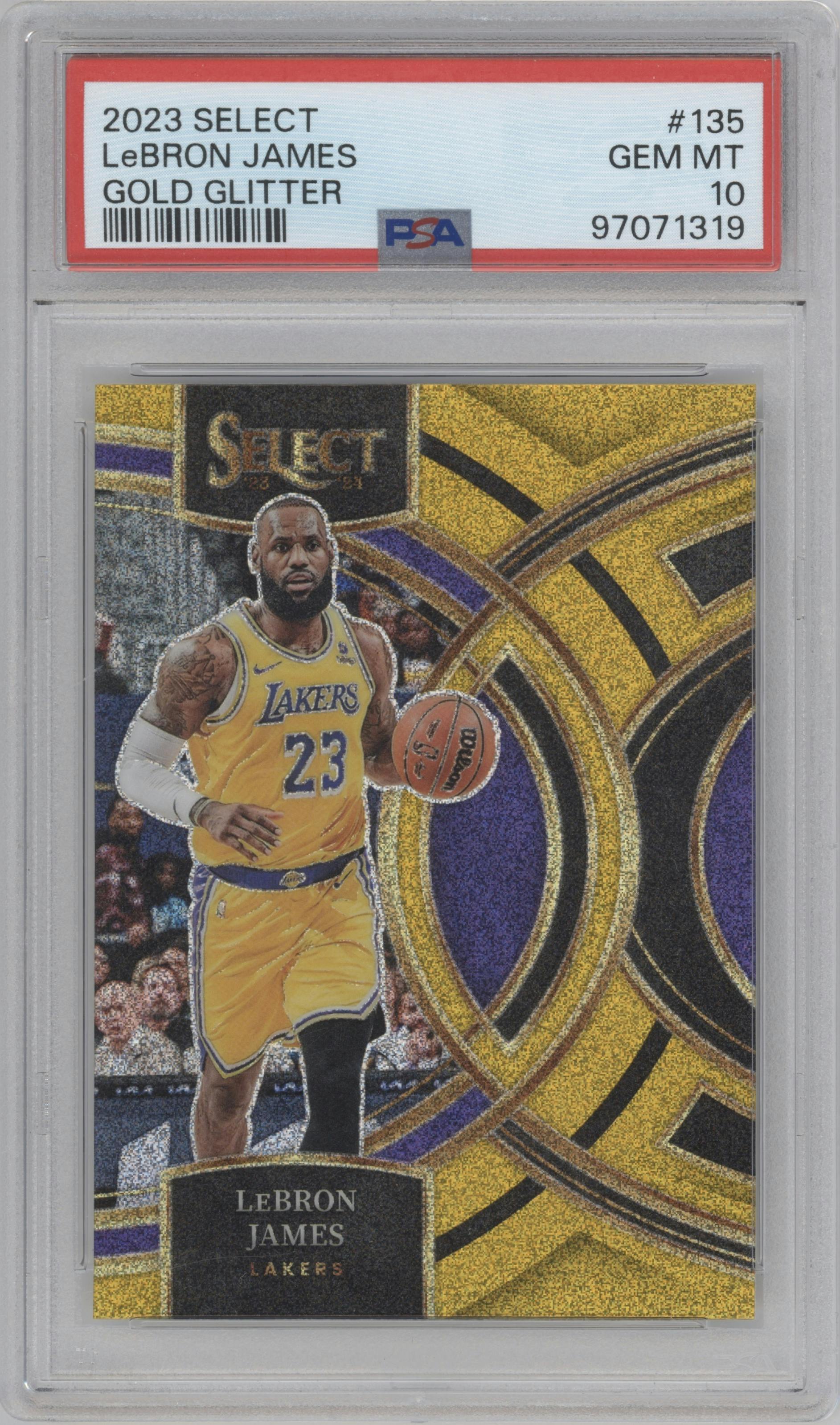 LeBron James from the 2023-24 Panini Select  set featuring a Gold Glitter parallel graded by PSA and given an overall grade of 10.