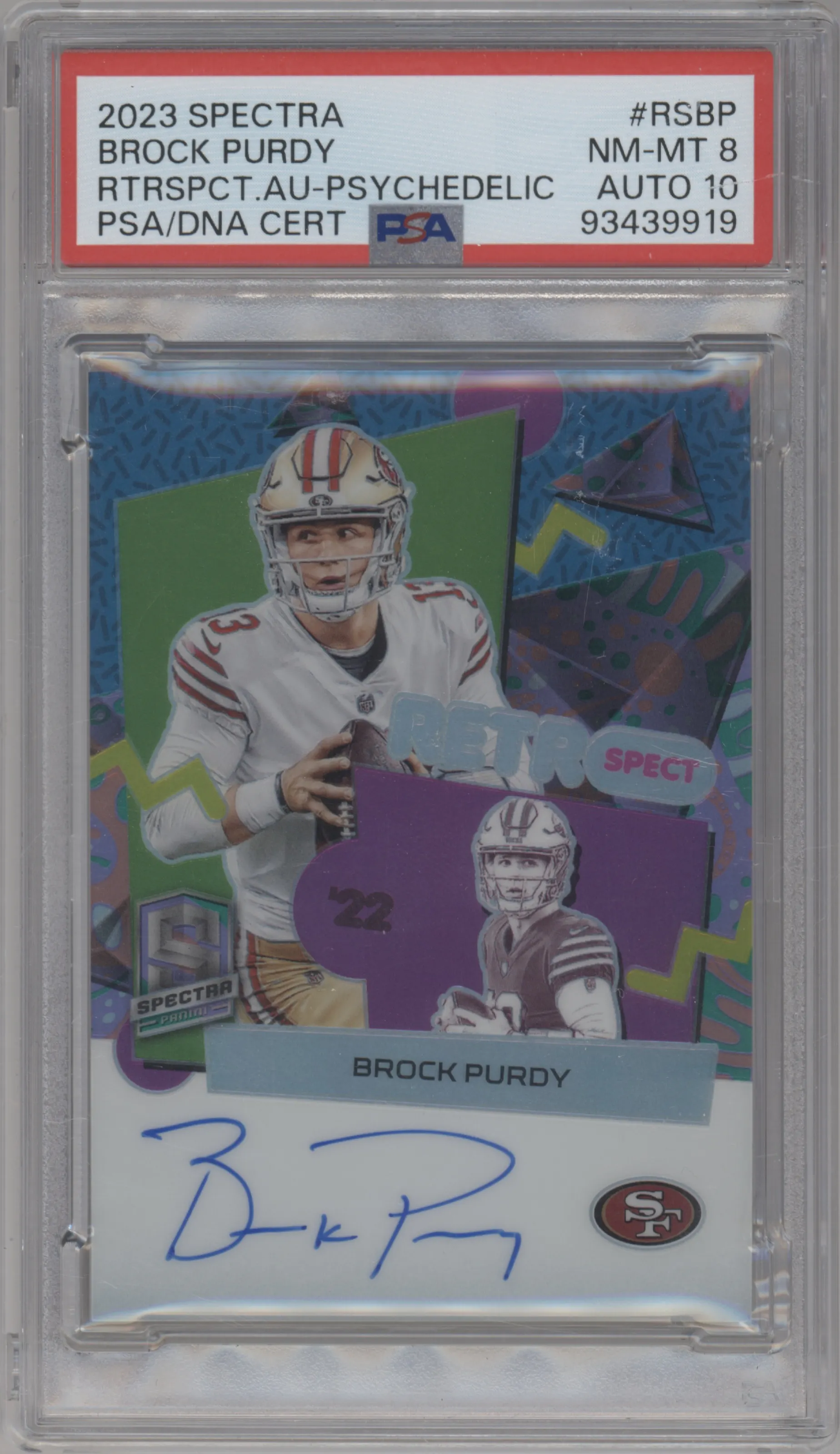 2023 Panini Spectra RetroSpect Auto Brock Purdy Psychedelic #RS-BP PSA 8