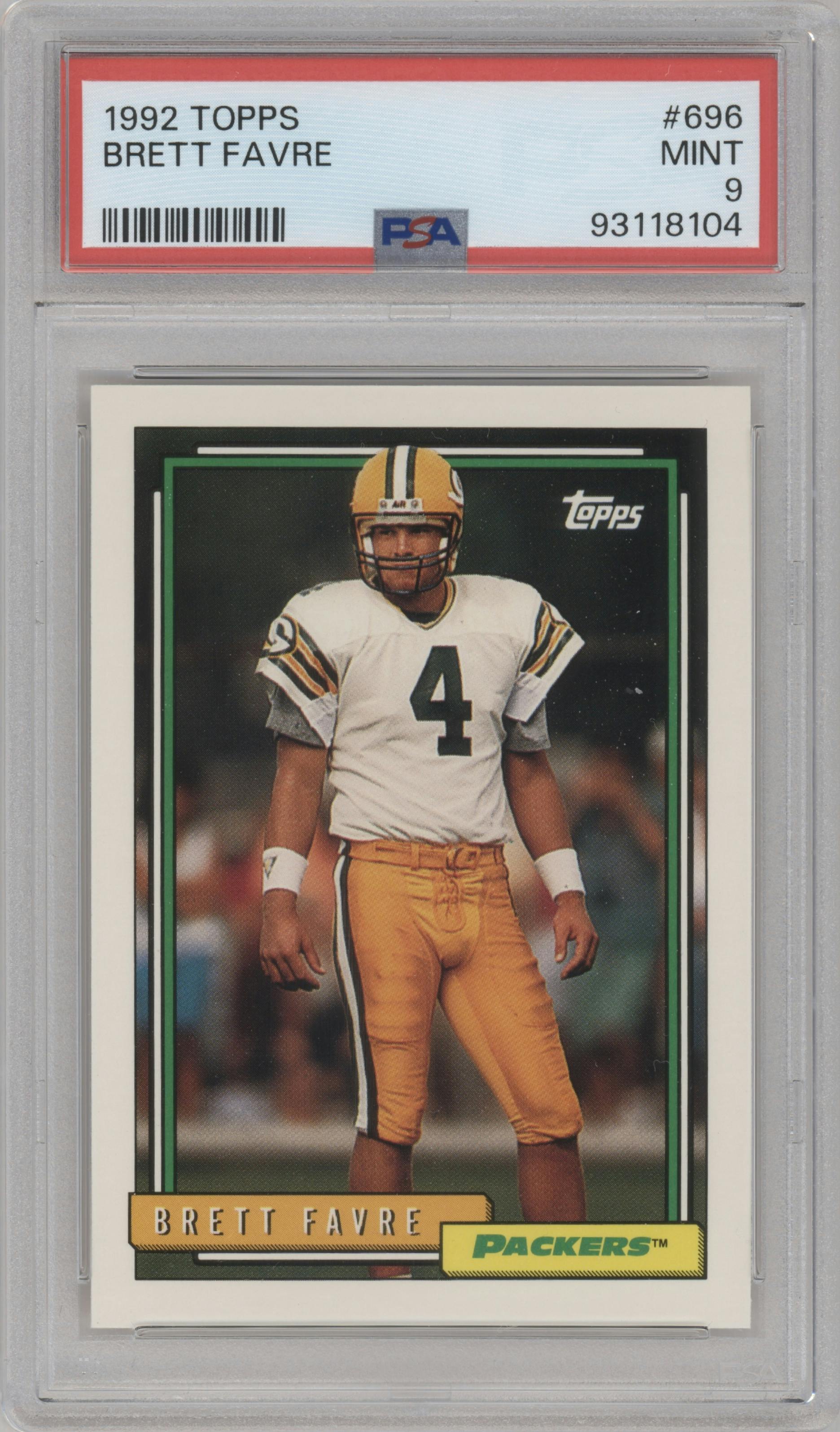 Brett Favre from the 1992 Topps set graded by PSA and given an overall grade of 9.