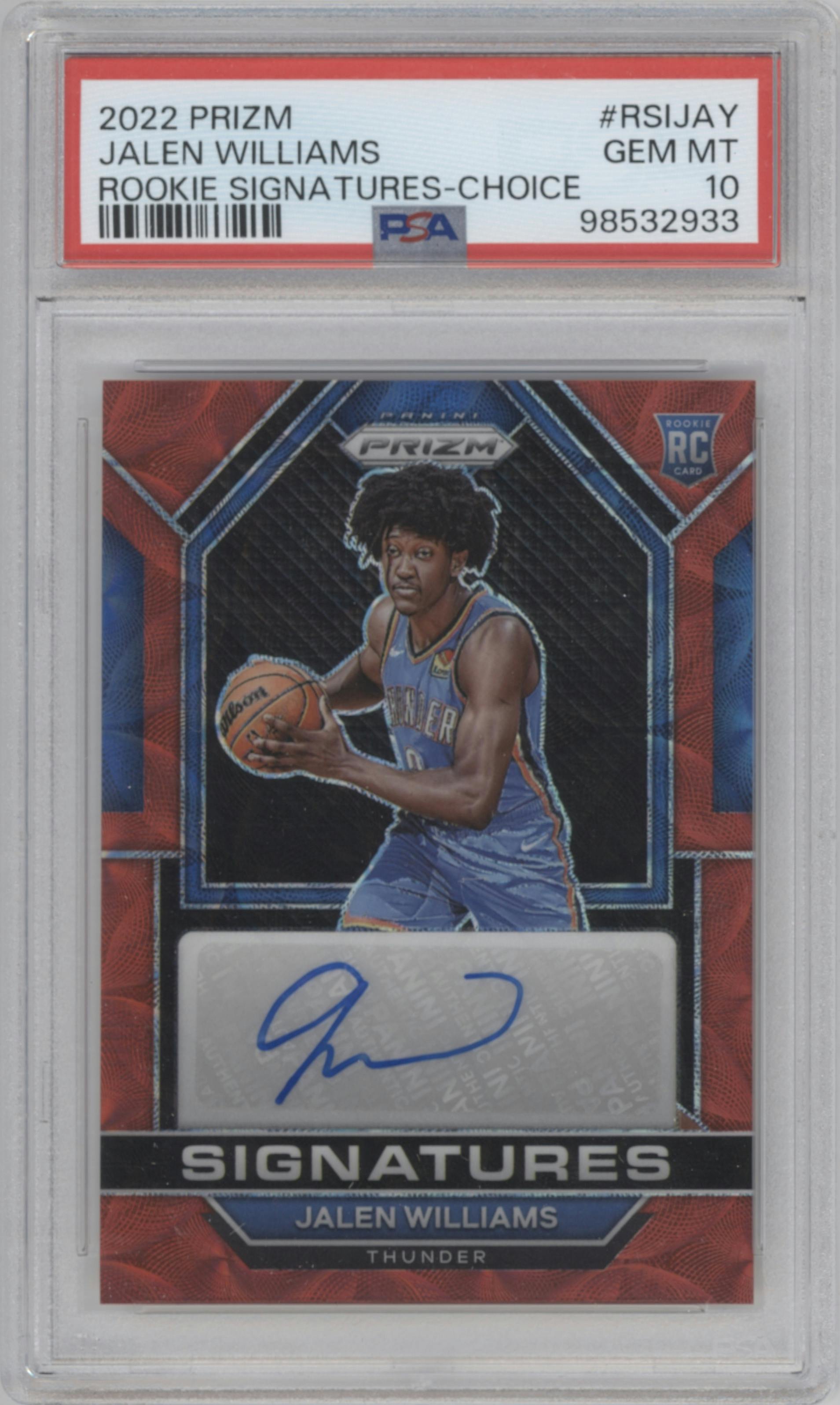 Jalen Williams from the 2022-23 Panini Prizm  set featuring a Choice parallel graded by PSA and given an overall grade of 10.