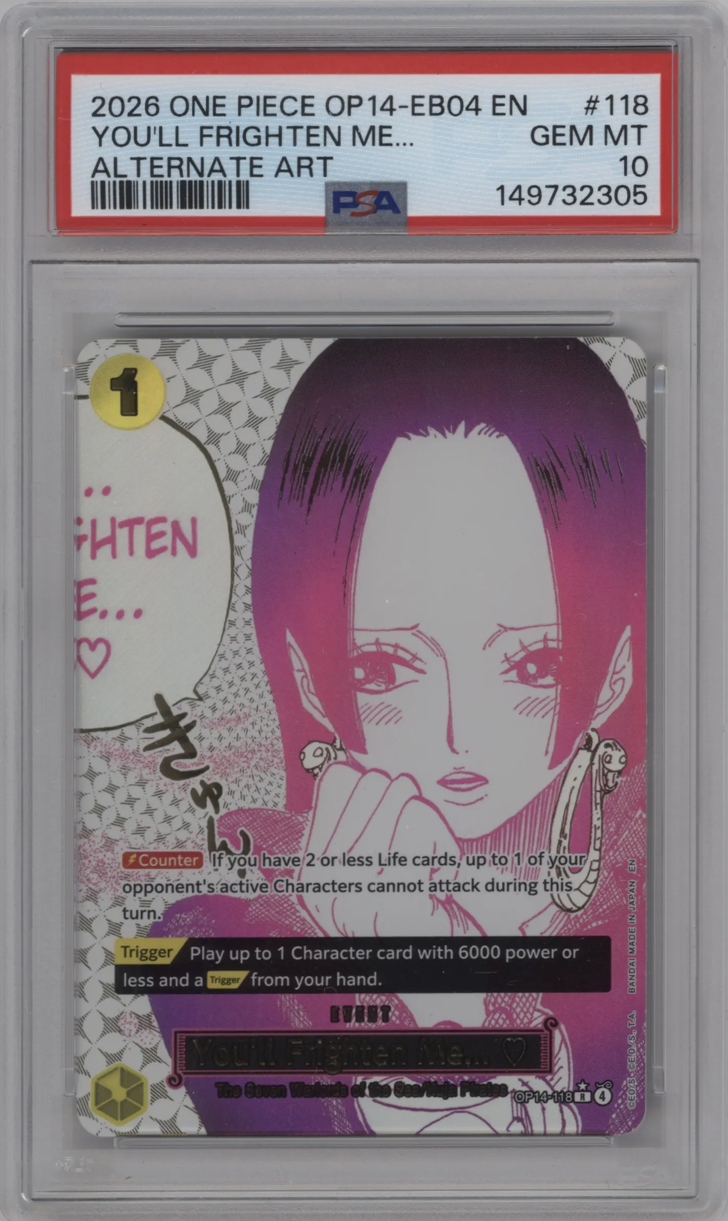2026 One Piece The Azure Sea's Seven You'll Frighten Me... Alternate Art R #OP14-118 R PSA 10