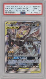 Pikachu/Zekrom GX from the 2019 Pokemon S&M  set featuring a Pikachu & Zekrom GX Collector's Tin parallel graded by PSA and given an overall grade of 10.