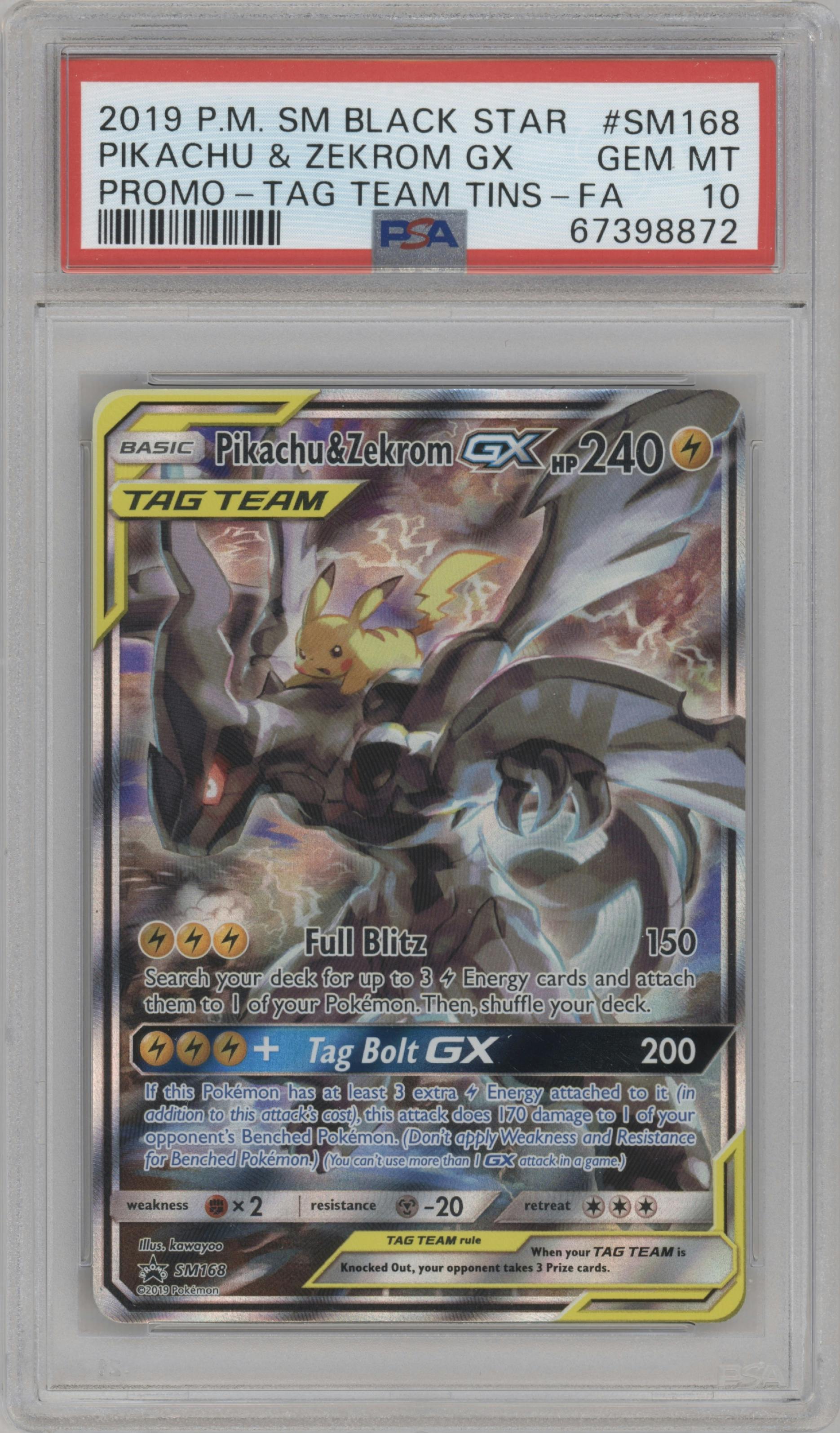 Pikachu/Zekrom GX from the 2019 Pokemon S&M  set featuring a Pikachu & Zekrom GX Collector's Tin parallel graded by PSA and given an overall grade of 10.