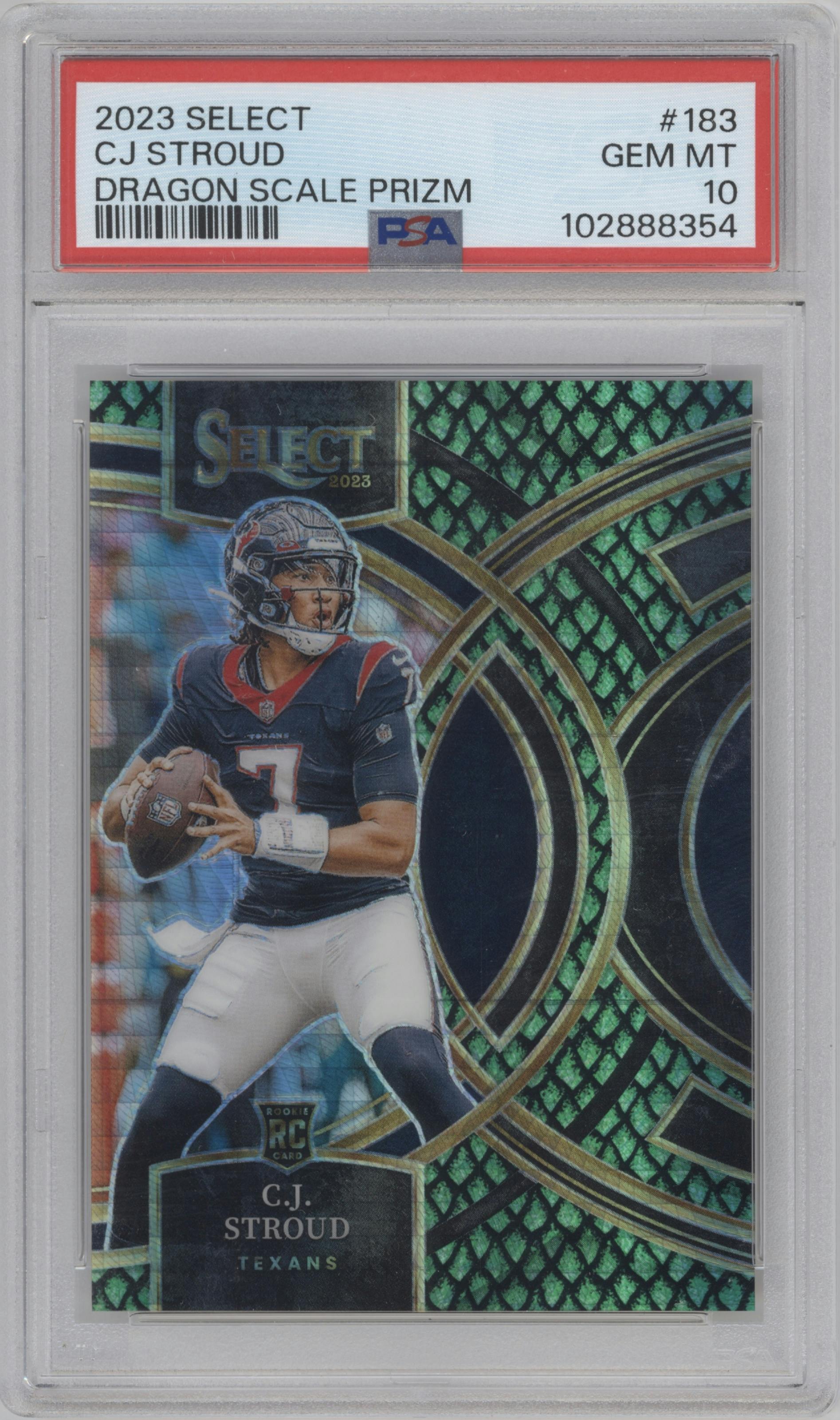 C.J. Stroud from the 2023 Panini Select set featuring a Dragon Scale parallel graded by PSA and given an overall grade of 10.