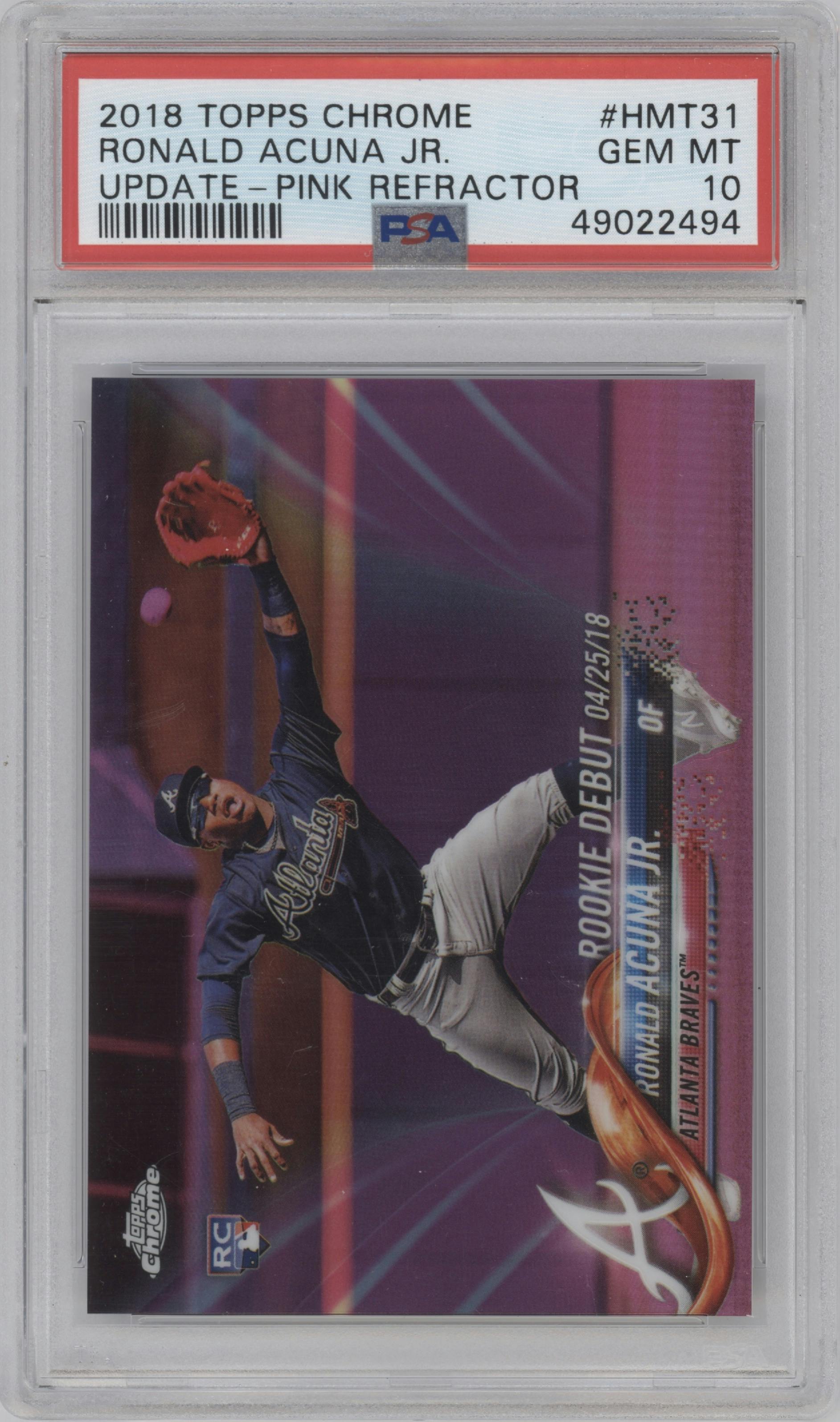 Ronald Acuna Jr. from the 2018 Topps Chrome Update  set featuring a Pink Refractor parallel graded by PSA and given an overall grade of 10.