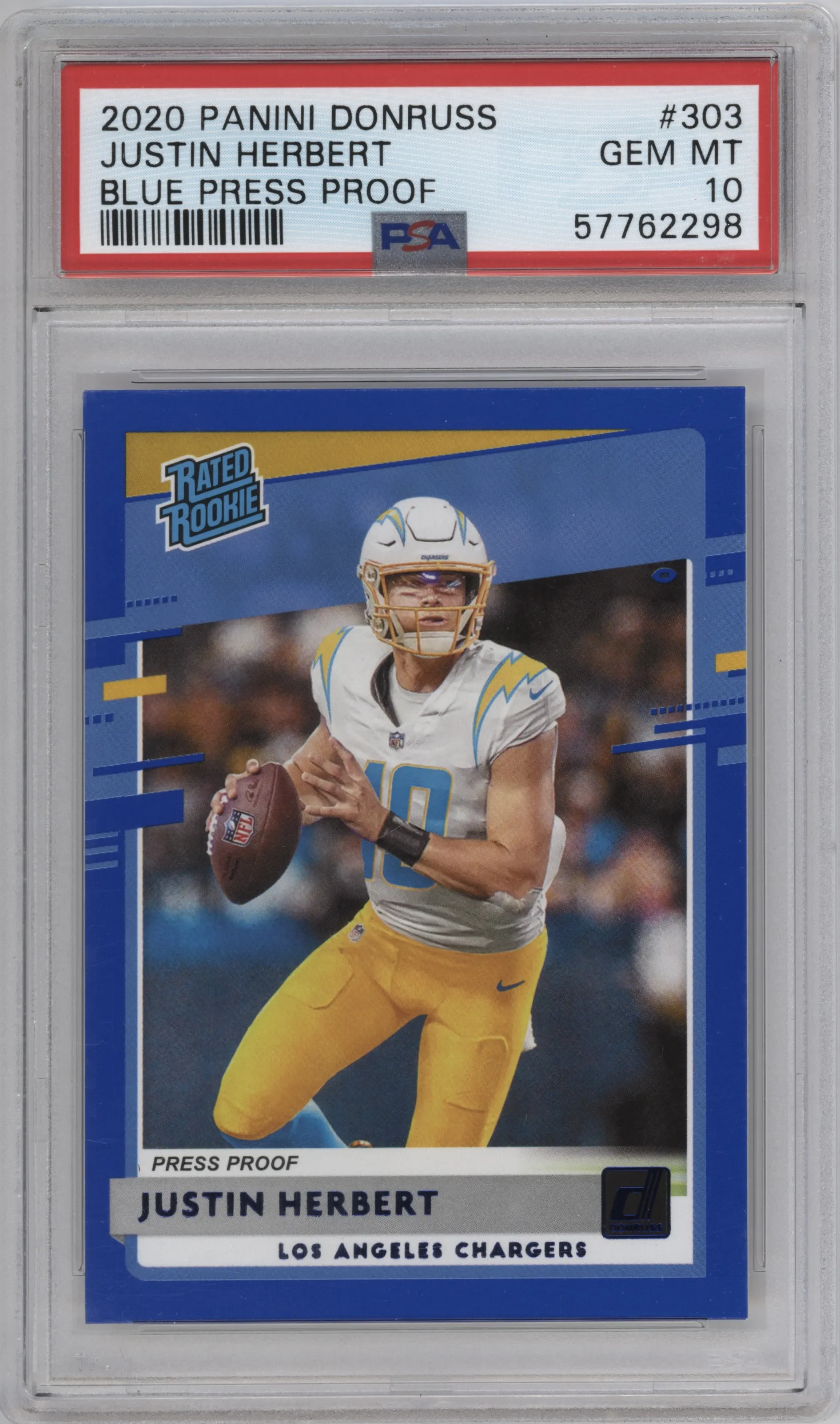 2020 Panini Donruss Rated Rookie Justin Herbert Press Proof Blue PSA 10