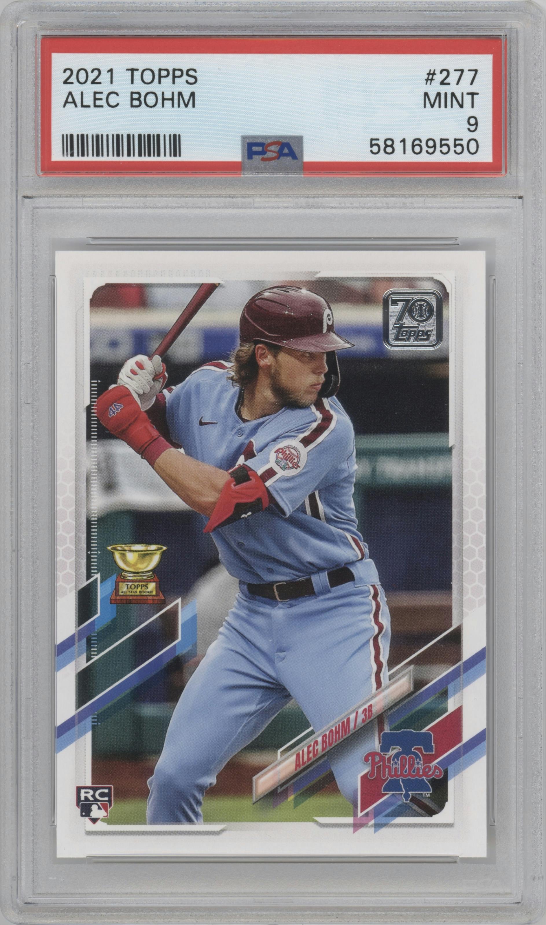 Alec Bohm from the 2021 Topps Series 1 set graded by PSA and given an overall grade of 9.