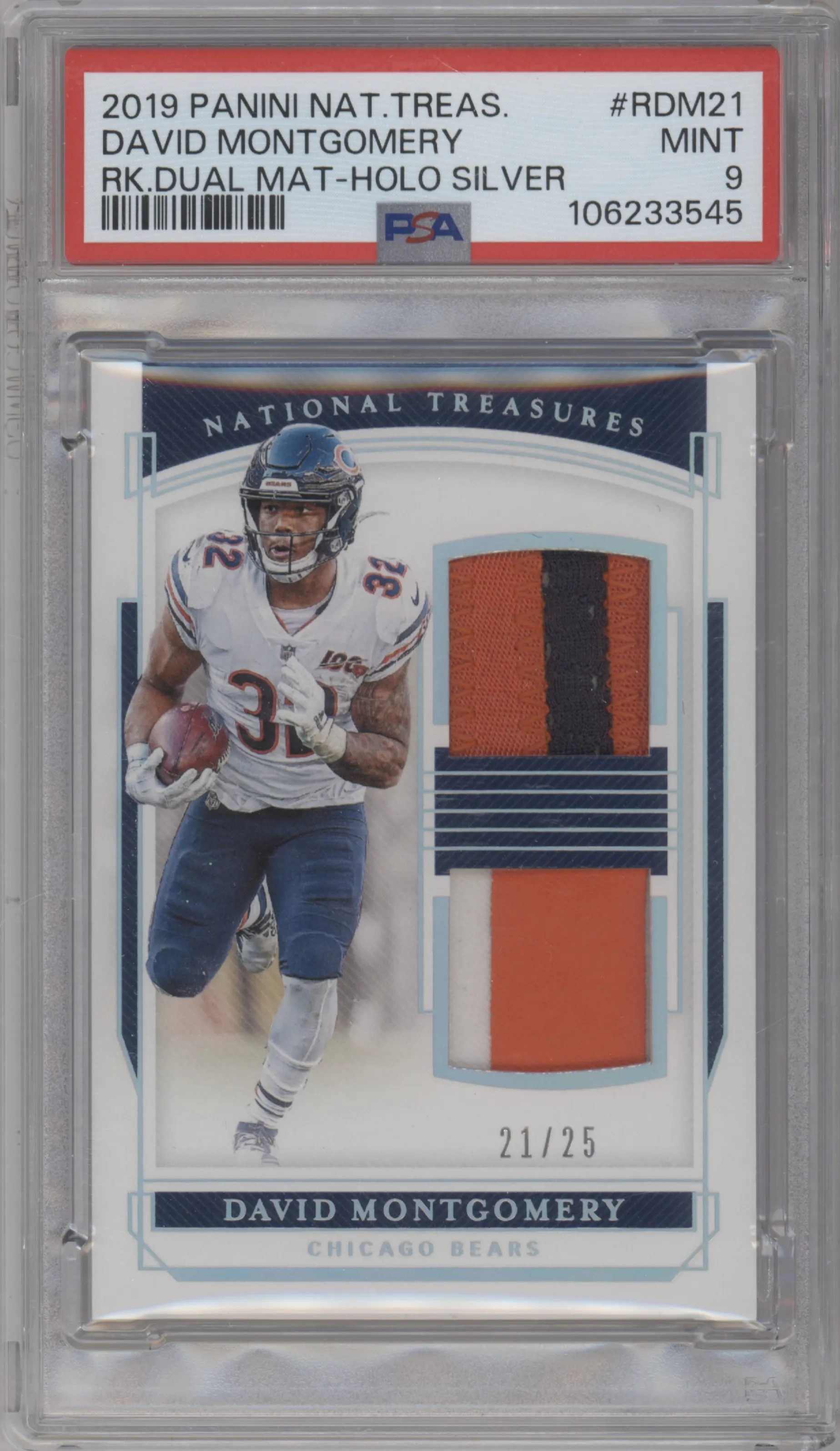 2019 Panini National Treasures Rke.Dual Mat. David Montgomery Holo Silver PSA 9