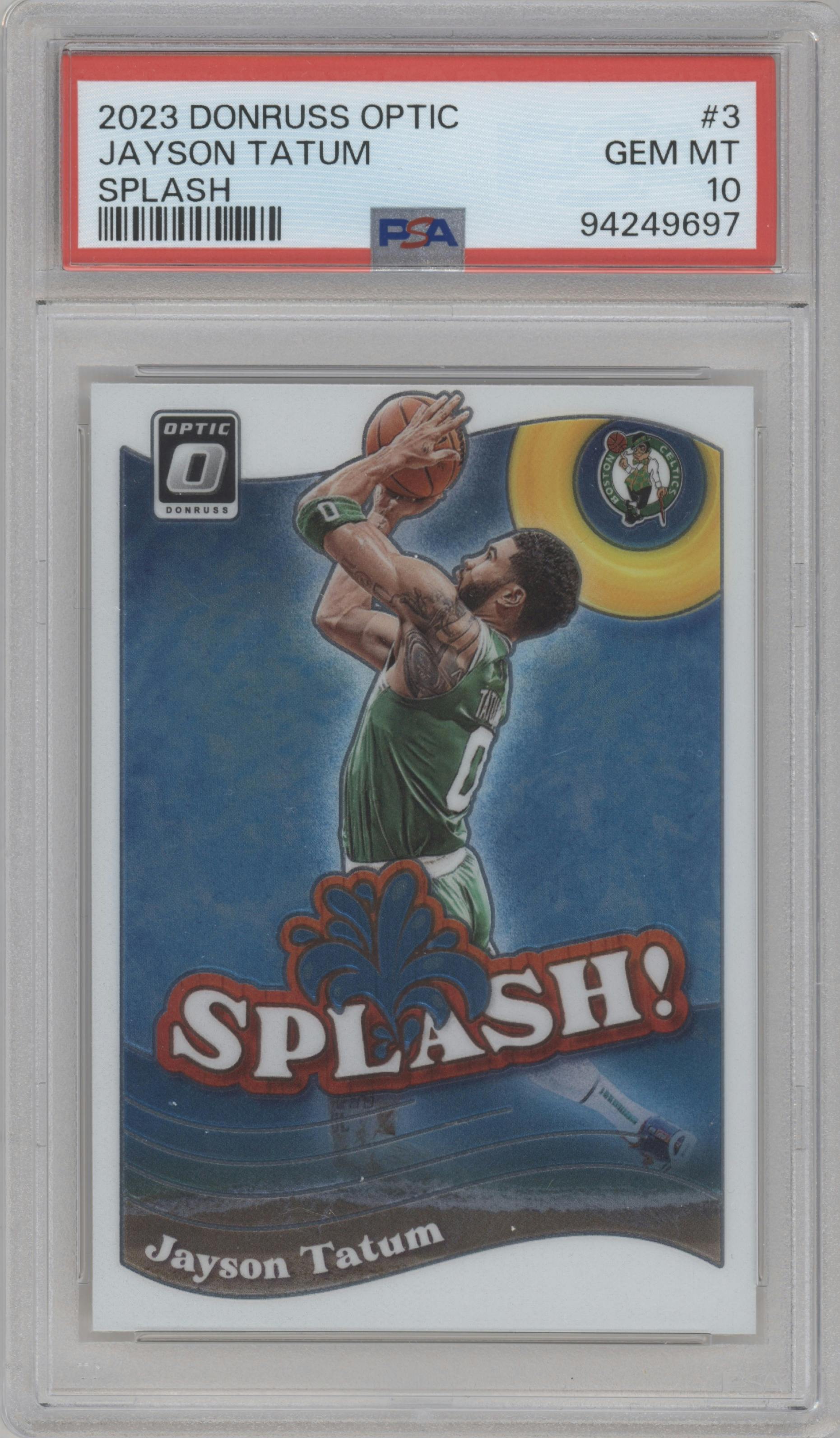 Jayson Tatum from the 2023-24 Donruss Optic set graded by PSA and given an overall grade of 10.
