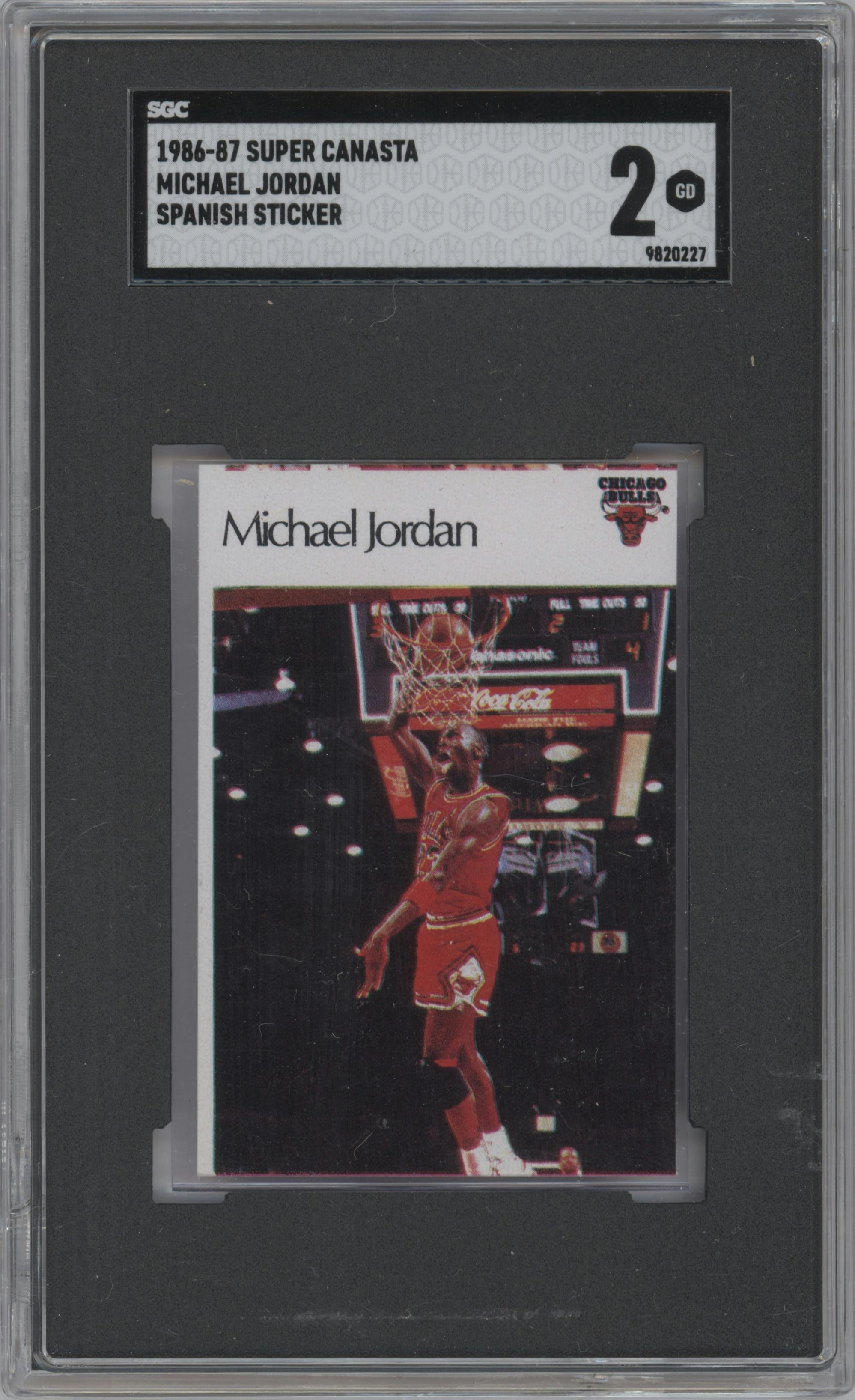 Michael Jordan from the 1986-87 Super Canasta Stickers (Spanish) set graded by SGC and given an overall grade of 2.