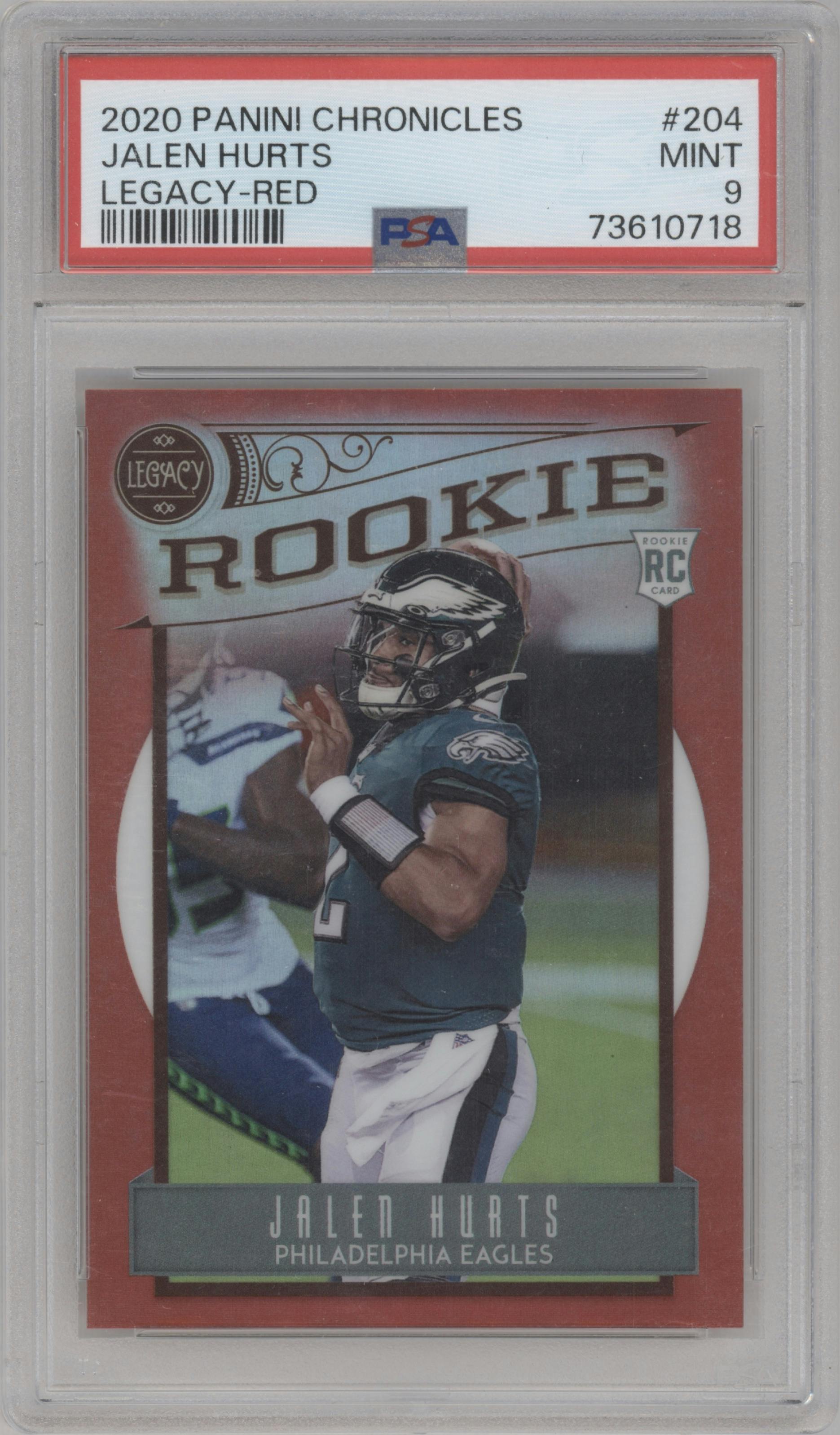 Jalen Hurts from the 2020 Panini Chronicles set featuring a Red parallel graded by PSA and given an overall grade of 9.