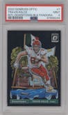 Travis Kelce from the 2023 Donruss Optic set featuring a Black Pandora parallel graded by PSA and given an overall grade of 9.