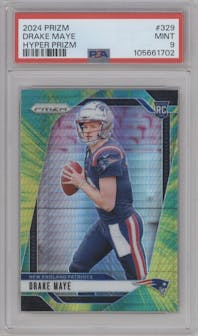 Drake Maye from the 2024 Panini Prizm set featuring a Hyper parallel graded by PSA and given an overall grade of 9.