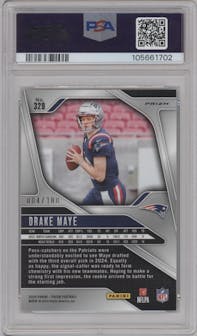 Drake Maye from the 2024 Panini Prizm set featuring a Hyper parallel graded by PSA and given an overall grade of 9.