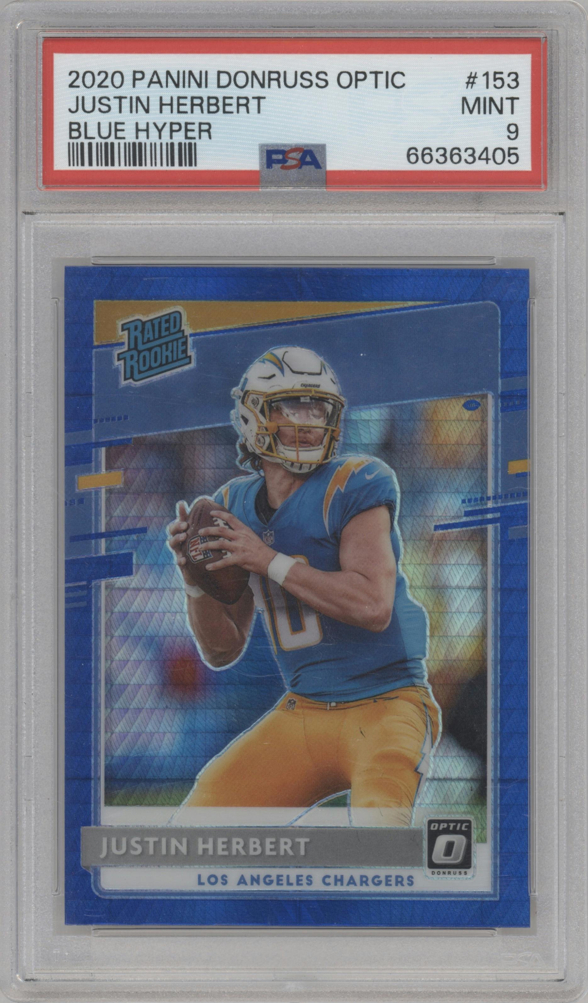 Justin Herbert from the 2020 Panini Donruss Optic set featuring a Hyper Blue  parallel graded by PSA and given an overall grade of 9.