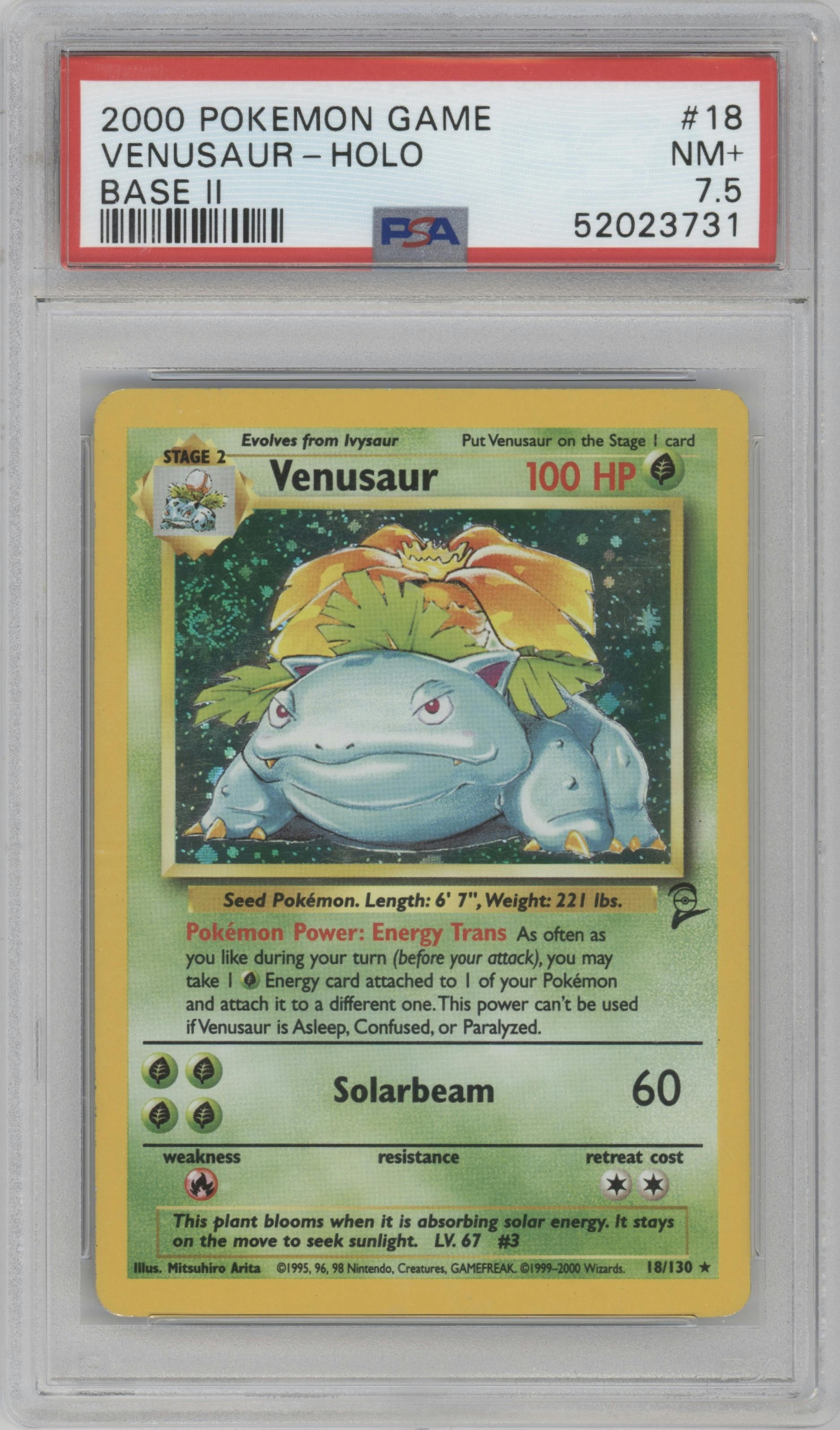 Venusaur from the 2000 Pokemon set graded by PSA and given an overall grade of 7.5.