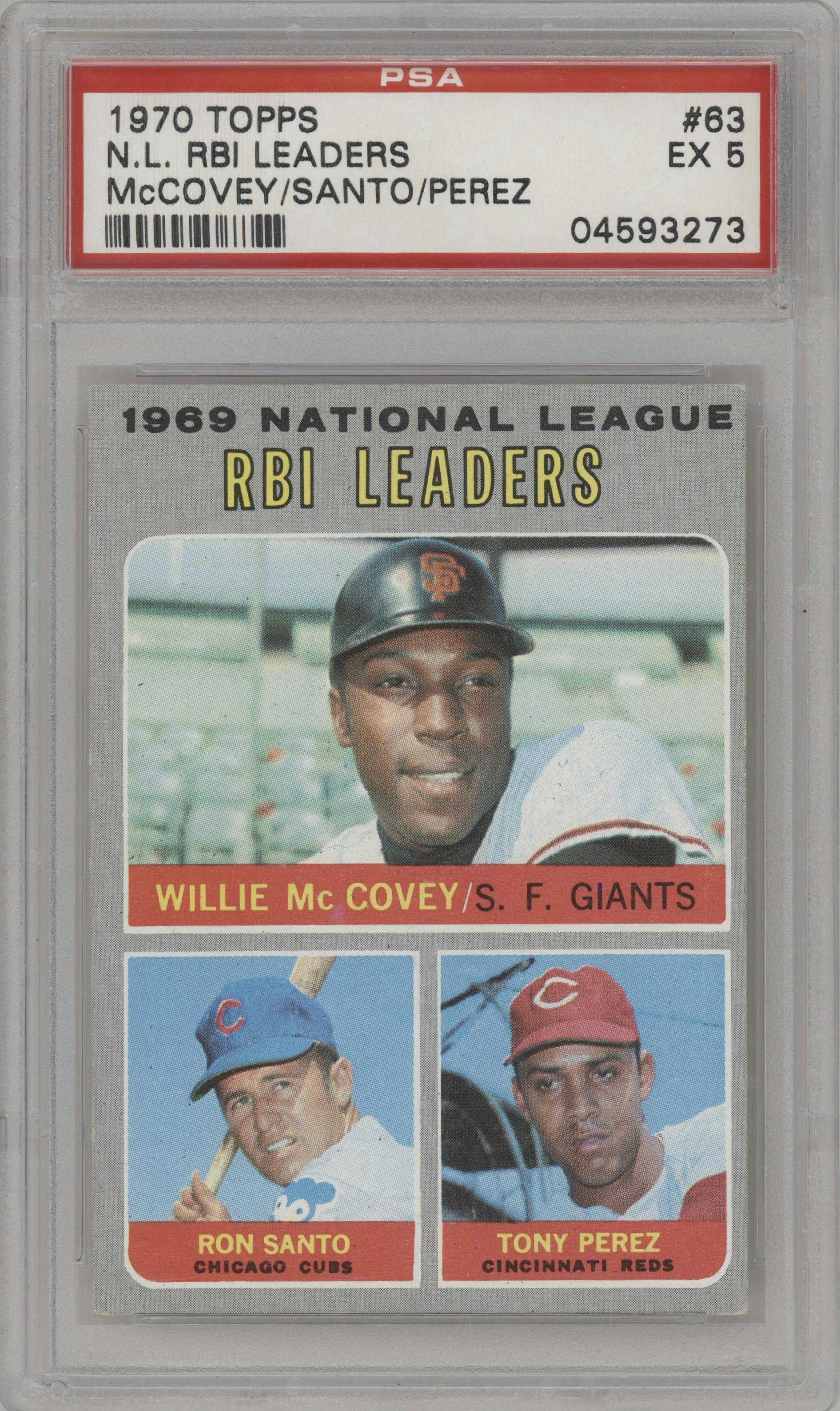 Willie McCovey/Ron Santo/Tony Perez from the 1970 Topps set graded by PSA and given an overall grade of 5.