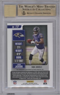 Lamar Jackson from the 2018 Panini Playoff set graded by Beckett and given an overall grade of 9.5.