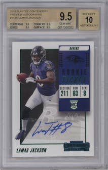 Lamar Jackson from the 2018 Panini Playoff set graded by Beckett and given an overall grade of 9.5.