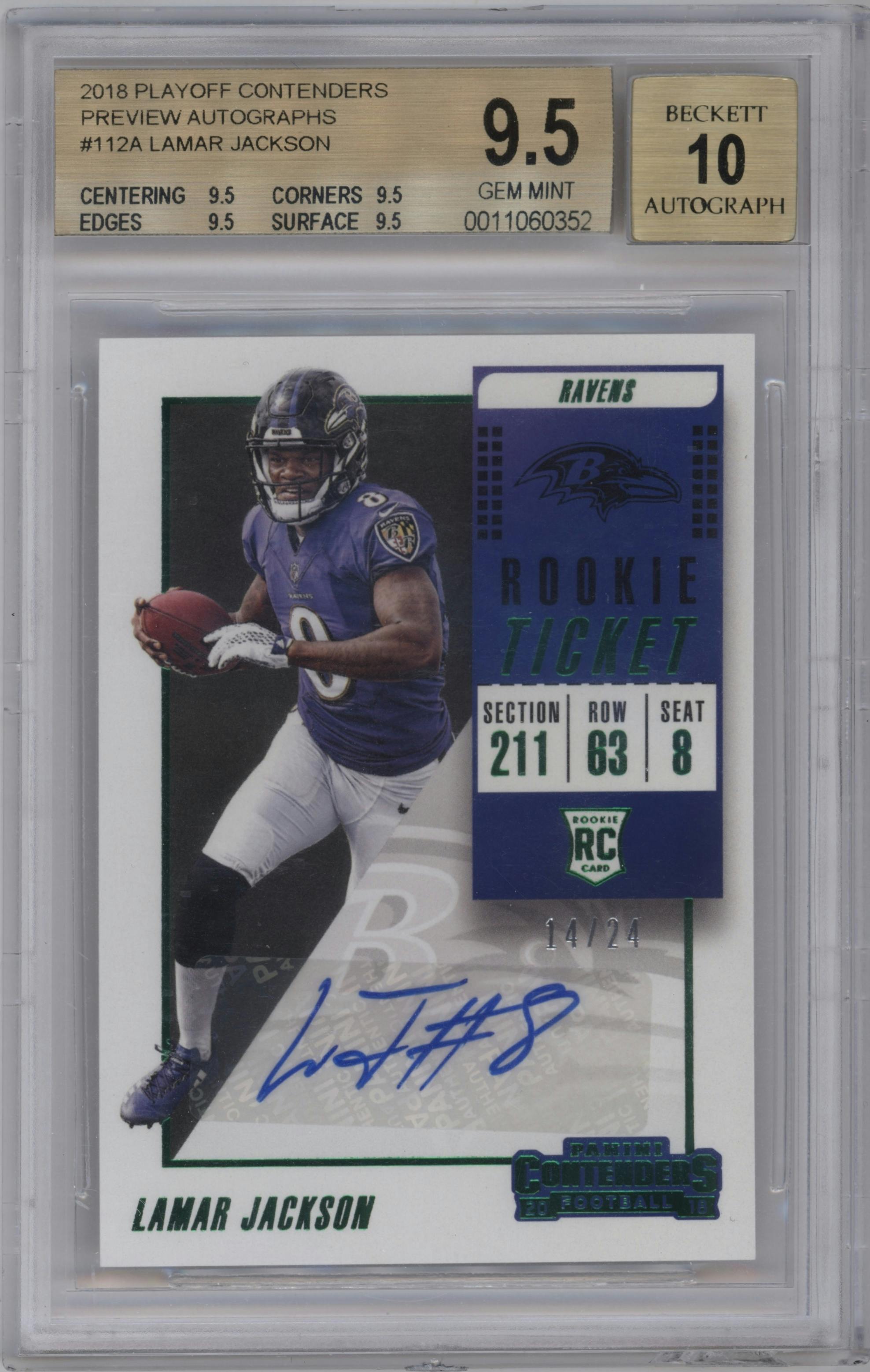 Lamar Jackson from the 2018 Panini Playoff set graded by Beckett and given an overall grade of 9.5.