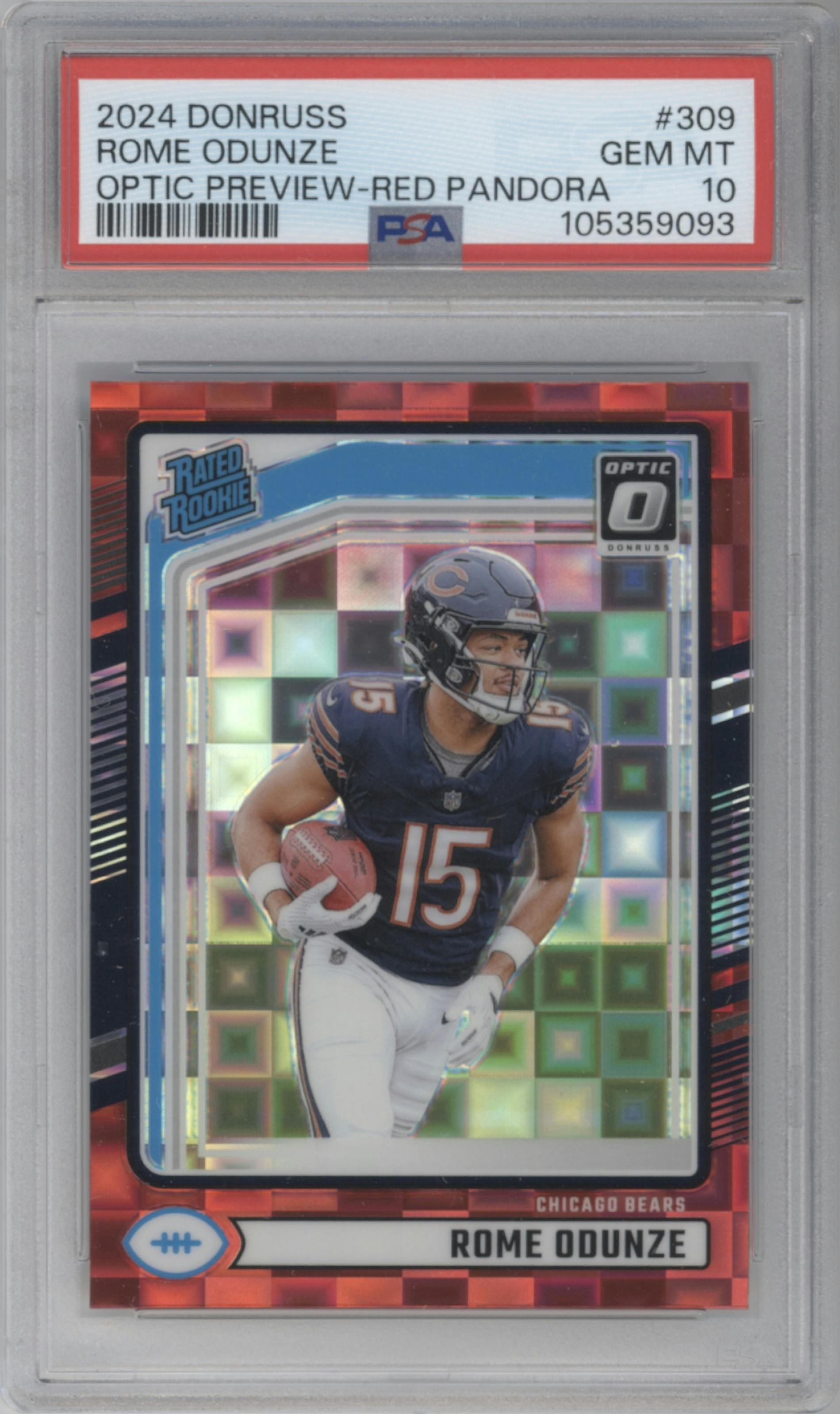 Rome Odunze from the 2024 Donruss set featuring a Red Pandora parallel graded by PSA and given an overall grade of 10.