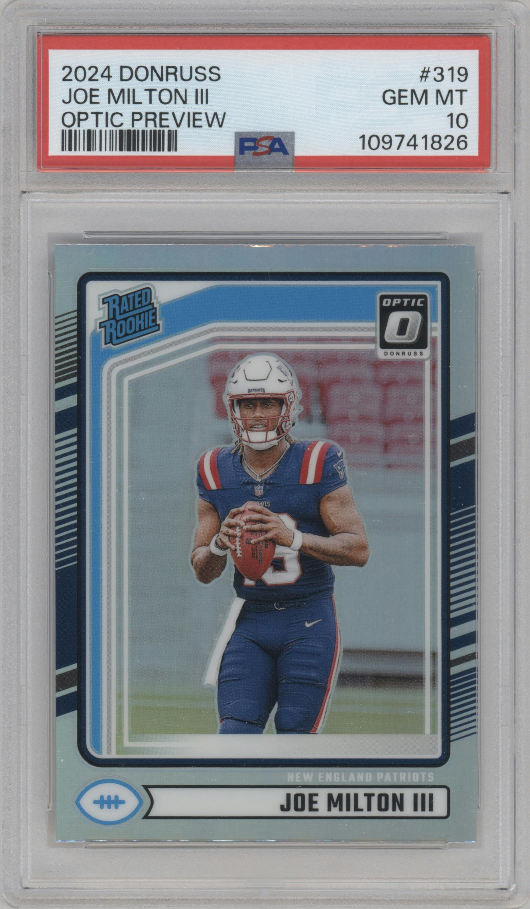 Joe Milton III  from the 2024 Donruss set graded by PSA and given an overall grade of 10.
