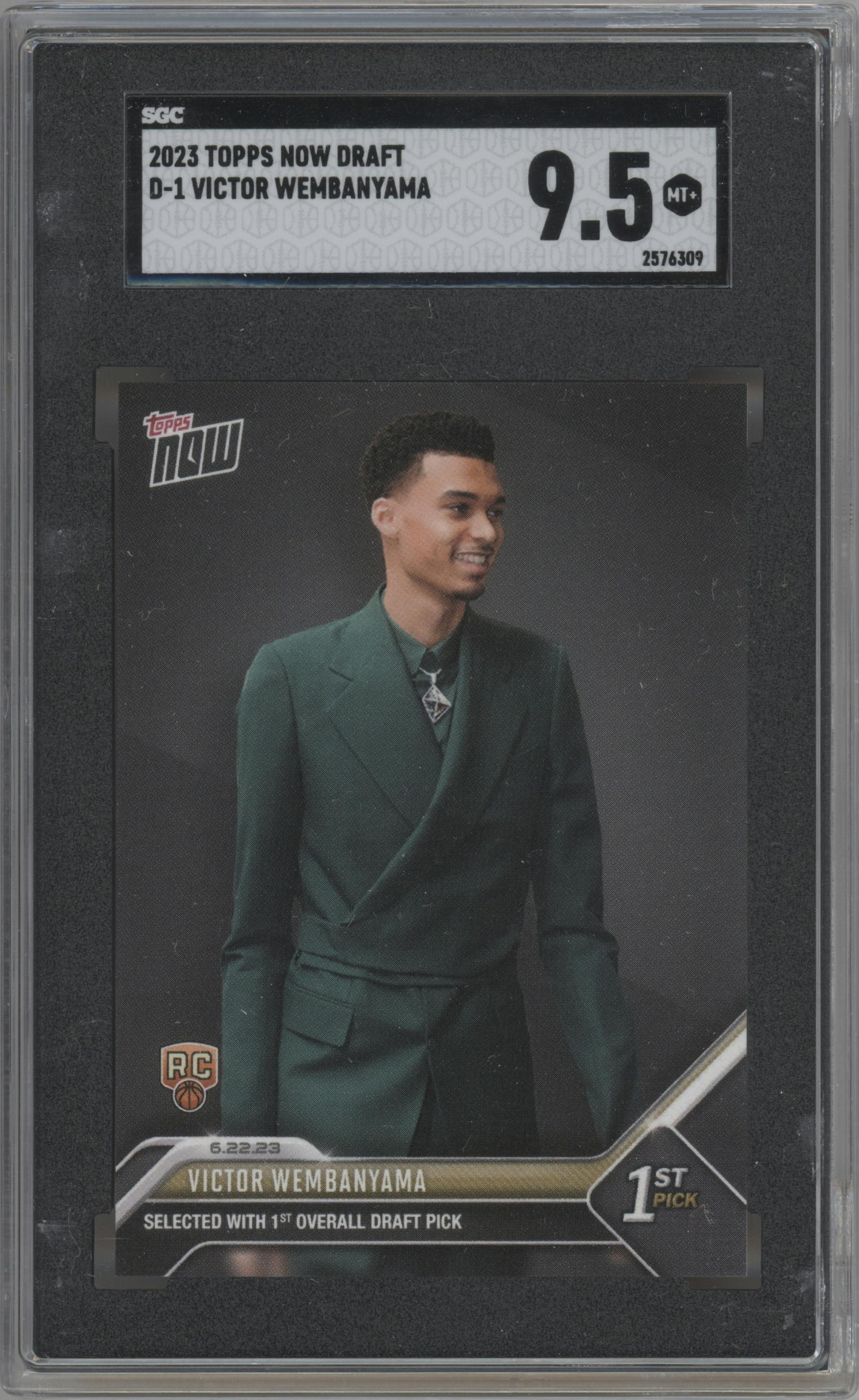 Victor Wembanyama from the 2023 Topps Now
 set graded by SGC and given an overall grade of 9.5.