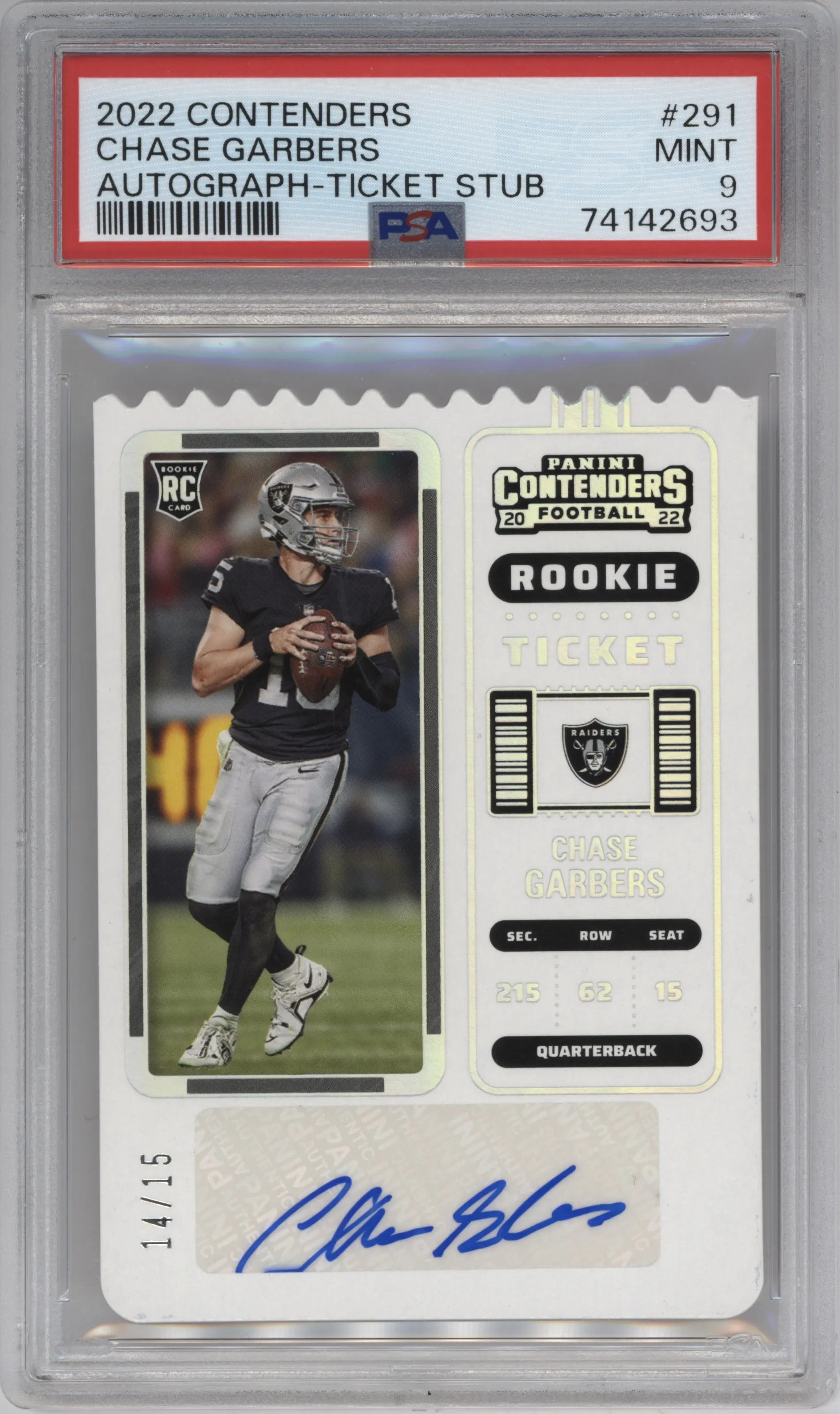 2022 Panini Contenders Rke.Tkt.Auto Chase Garbers Ticket Stub PSA 9